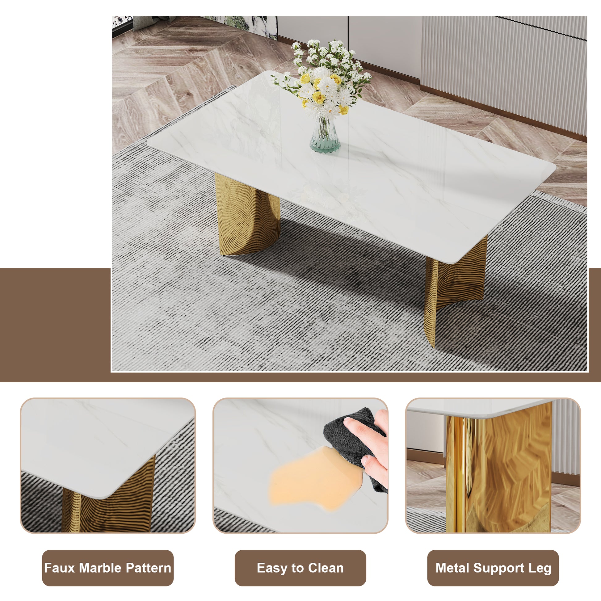 Table And Chair Set.The Table Has A Glass Tabletop With Imitation Marble Pattern Stickers And Stainless Steel Golden Table Legs. Paried With Comfortable Chairs With Pu Seats And Metal Legs. White Gold Seats 8 Glass Metal
