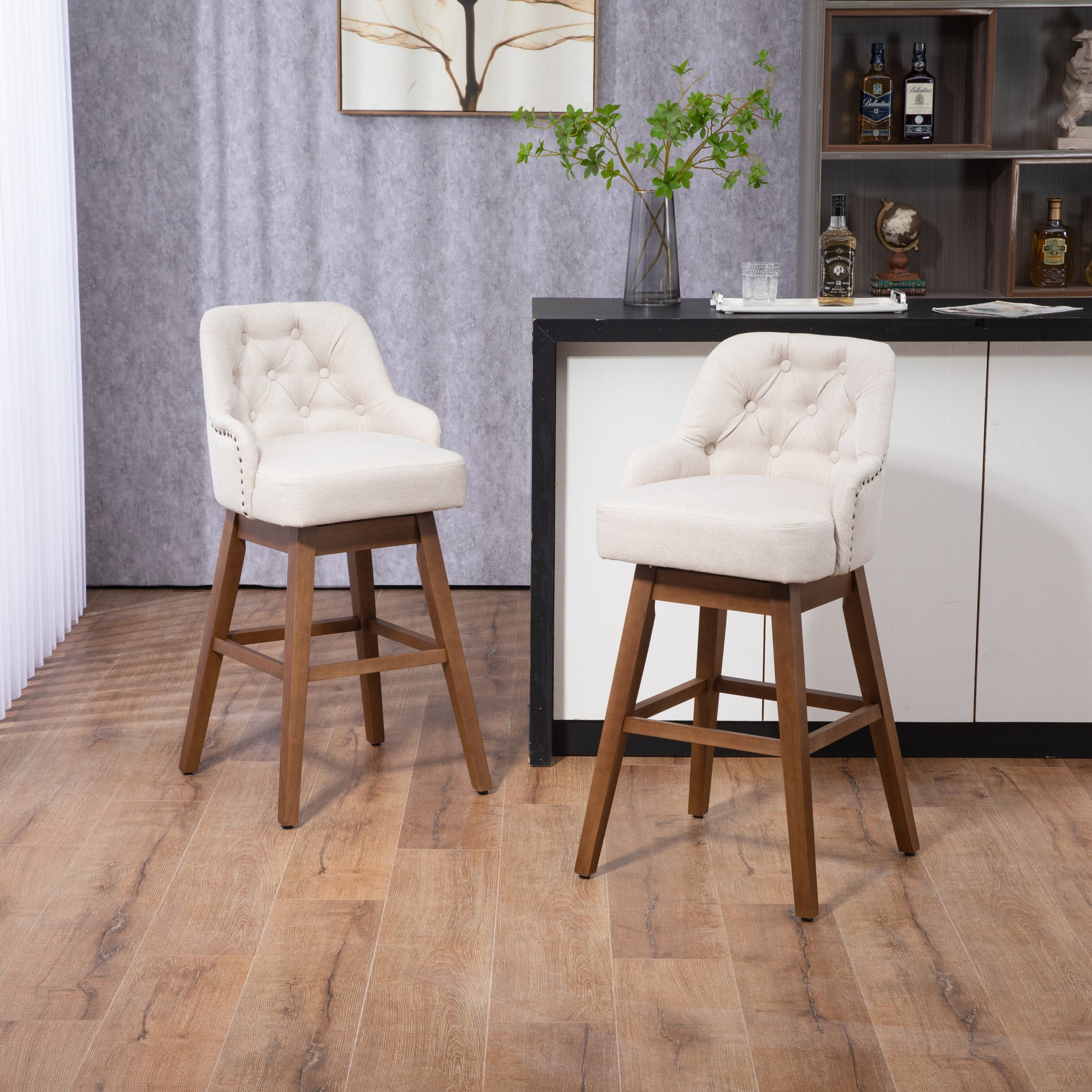 Coolmore Bar Stools Set Of 2 Counter Height Chairs With Footrest For Kitchen, Dining Room And 360 Degree Solid Wood Legs Swivel Bar Stools Set Of 2 Beige Linen Beige Foam Linen