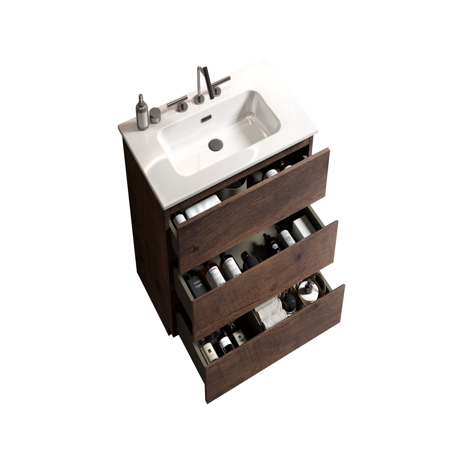 Tia 24" Walnut Bathroom Vanity With Sink With 3 Faucet Holes, Large Storage Freestanding Bathroom Vanity For Modern Bathroom, One Piece White Sink Basin Without Drain And Faucet, Pre Assembled White