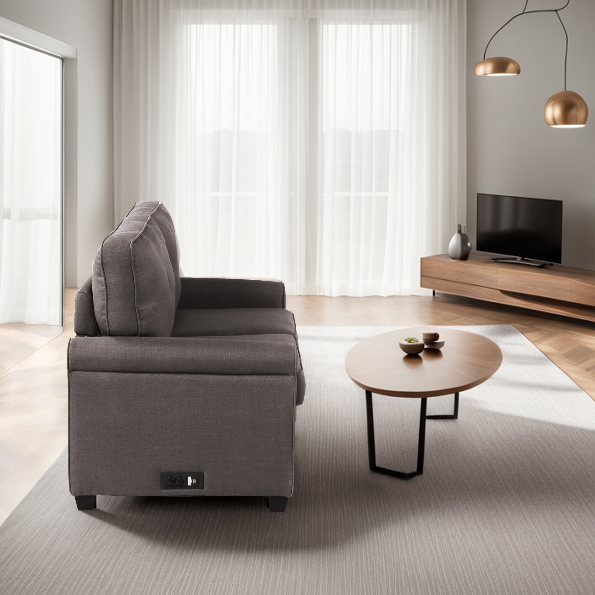 Stylish Pull Out Sofa Bed With Woven Polyester Fabric & Solid Wood Fram Espresso Wood Primary Living Space Extra Heavy Duty Rubberwood 2 Seat Antique Brown Polyester Soft Cushion Back American Traditional Square Arms Memory Foam And Polyurethane Foam