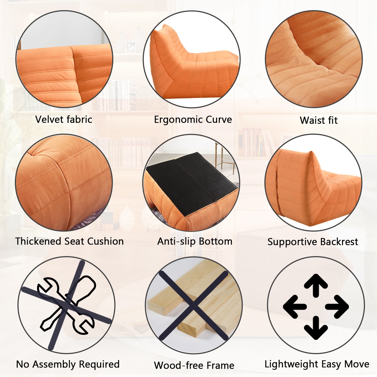 Fireside Chair, Large Bean Bag Chair For Adults, Lazy Floor Sofa For Home, Playing Bean Bag Chair, One Piece High Resillence Sponge, Flannelette Fabric, Orange Orange Soft Foam Flannelette,Foam