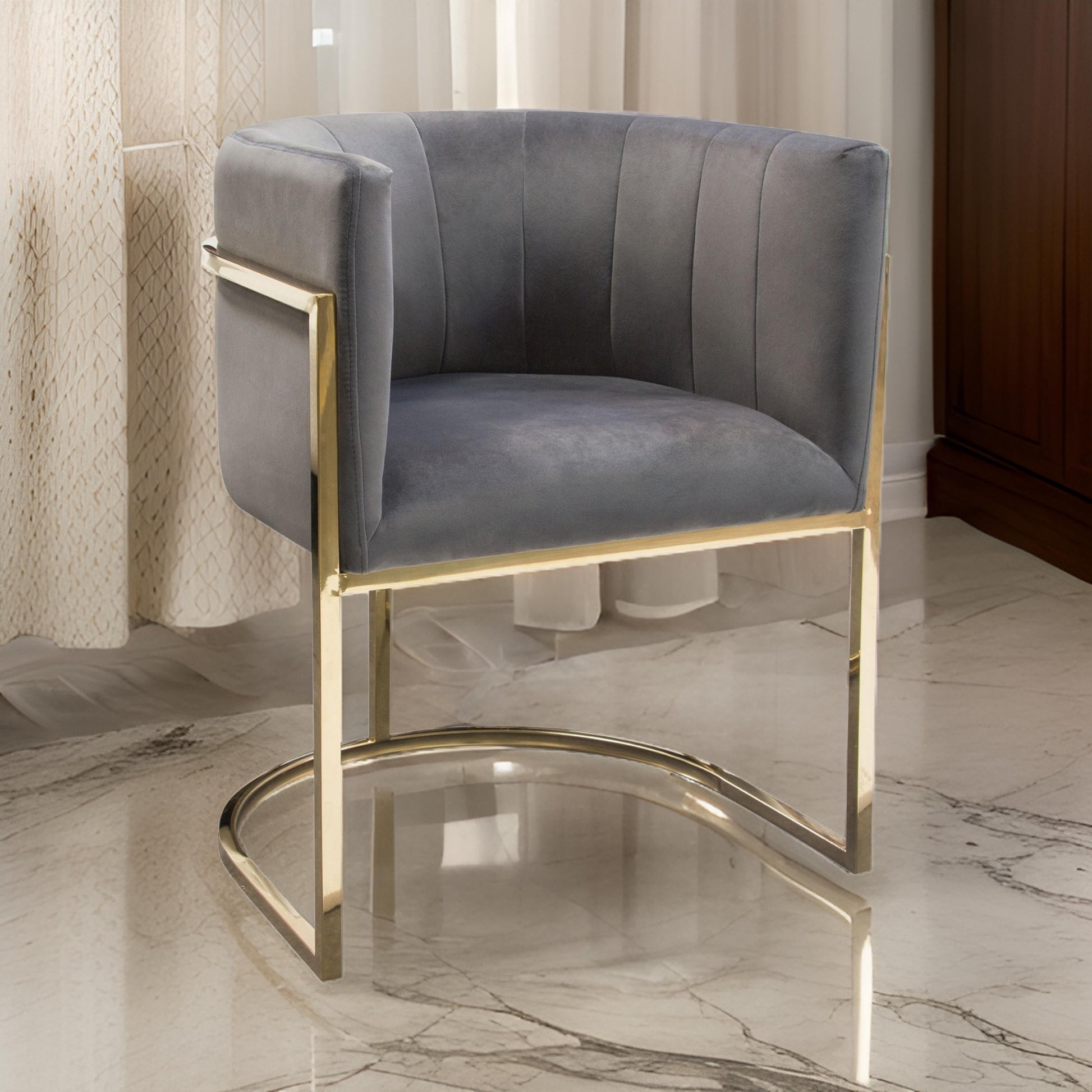 Meha 24 Inch Cantilever Dining Chair, Gray Velvet Upholstery, Gold Frame Gray Metal
