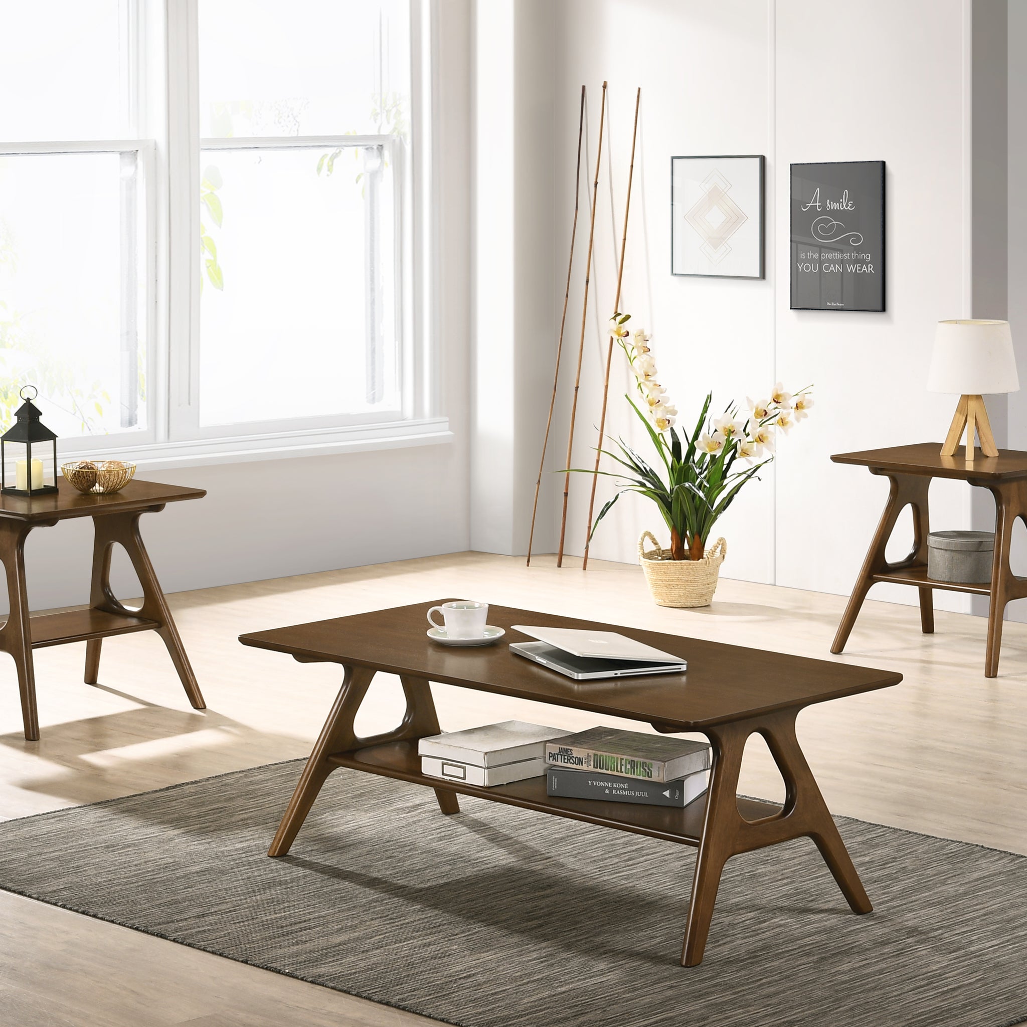 Arona Mid Century Modern Wood 3 Piece Coffee Table Set Brown Primary Living Space Rectangular Coffee & End Tables Rectangular Mdf