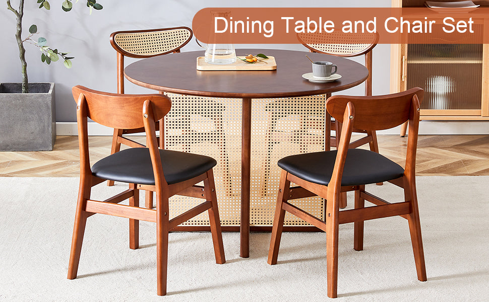 Table And Chair Set, Ancient Style Solid Wood Dining Table, Imitation Rattan Table Legs, Beautiful Simple Solid Wood Dining Chair, Perfect For Dinner, Meetings, Home And Office Decoration Walnut Rubber Wood