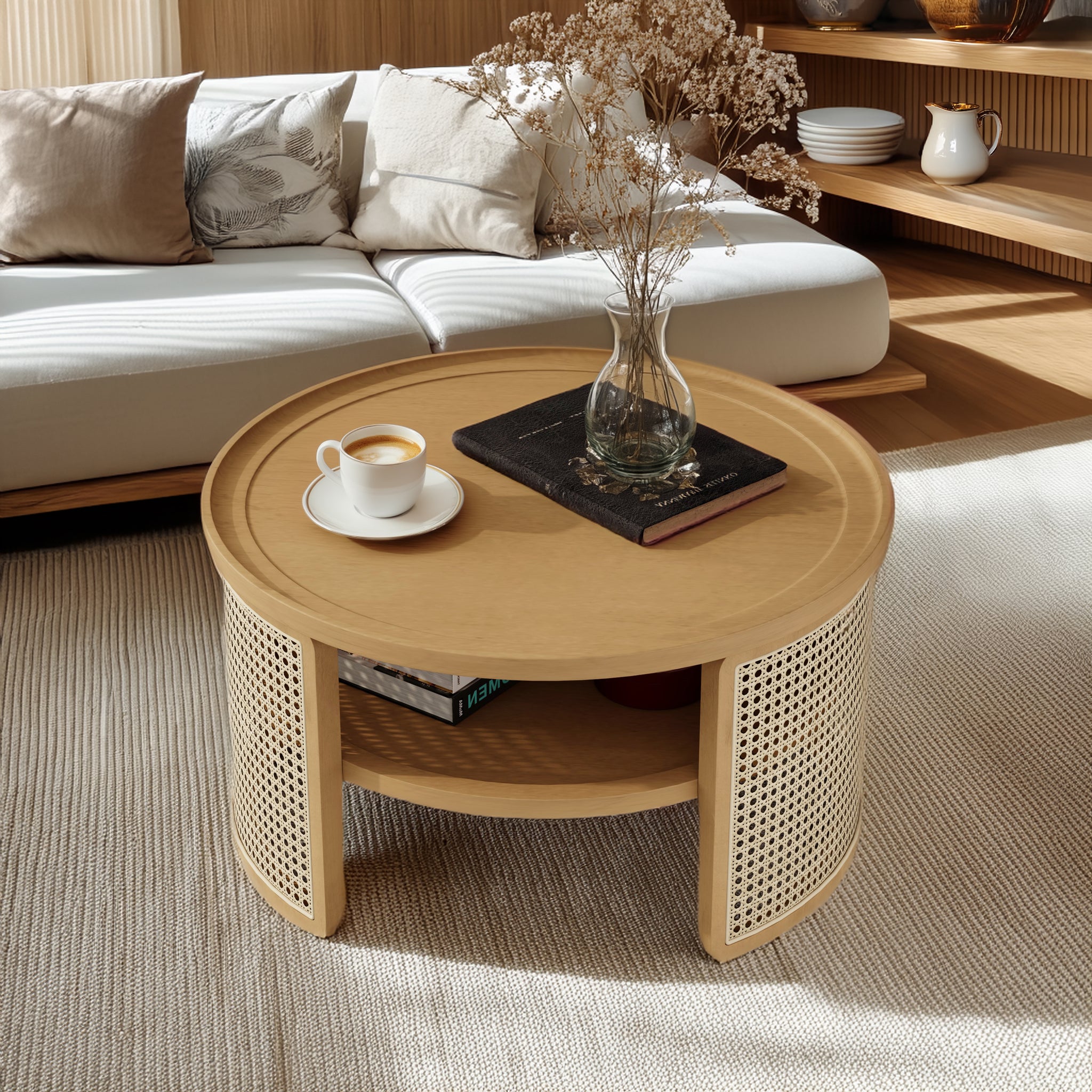 2 Tiered Round Natural Wood Coffee Table With Storage Rattan Base In 31.3'' Natural Rubber Wood