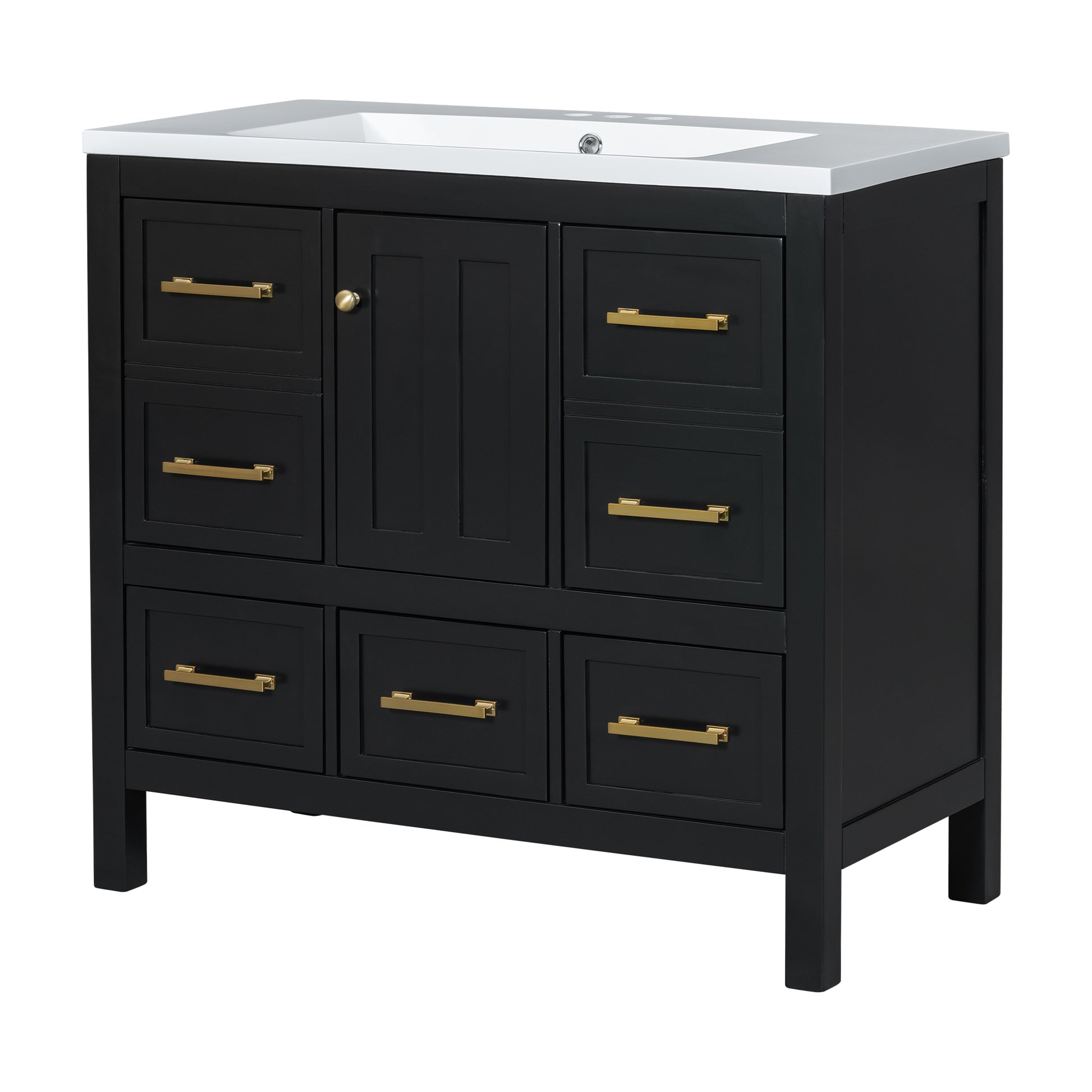 36'' Bathroom Vanity With Resin Sink Combo, Solid Wood Frame Bathroom Storage Cabinet, Freestanding Vanity Set With 5 Drawers& Soft Closing Doors Same As Sw000142Aab Black Bathroom Solid Wood Mdf Resin