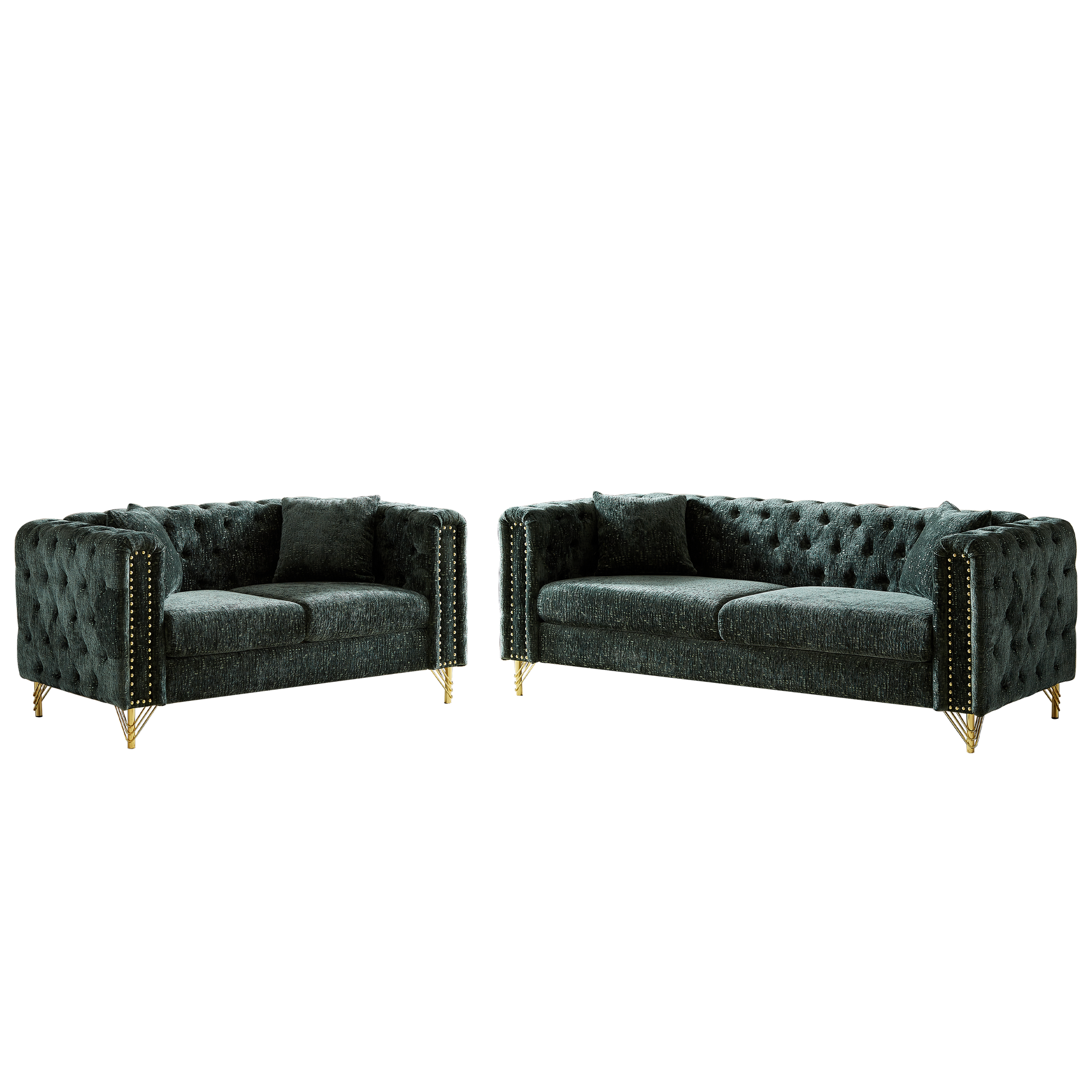 Chenille Pull Buckle Design Sofa For Living Room,Buttons Tufted With Copper Nail Decoration Armrest, Modern Couch Upholstered Button And Metal Legs Green Foam Chenille 5 Seat