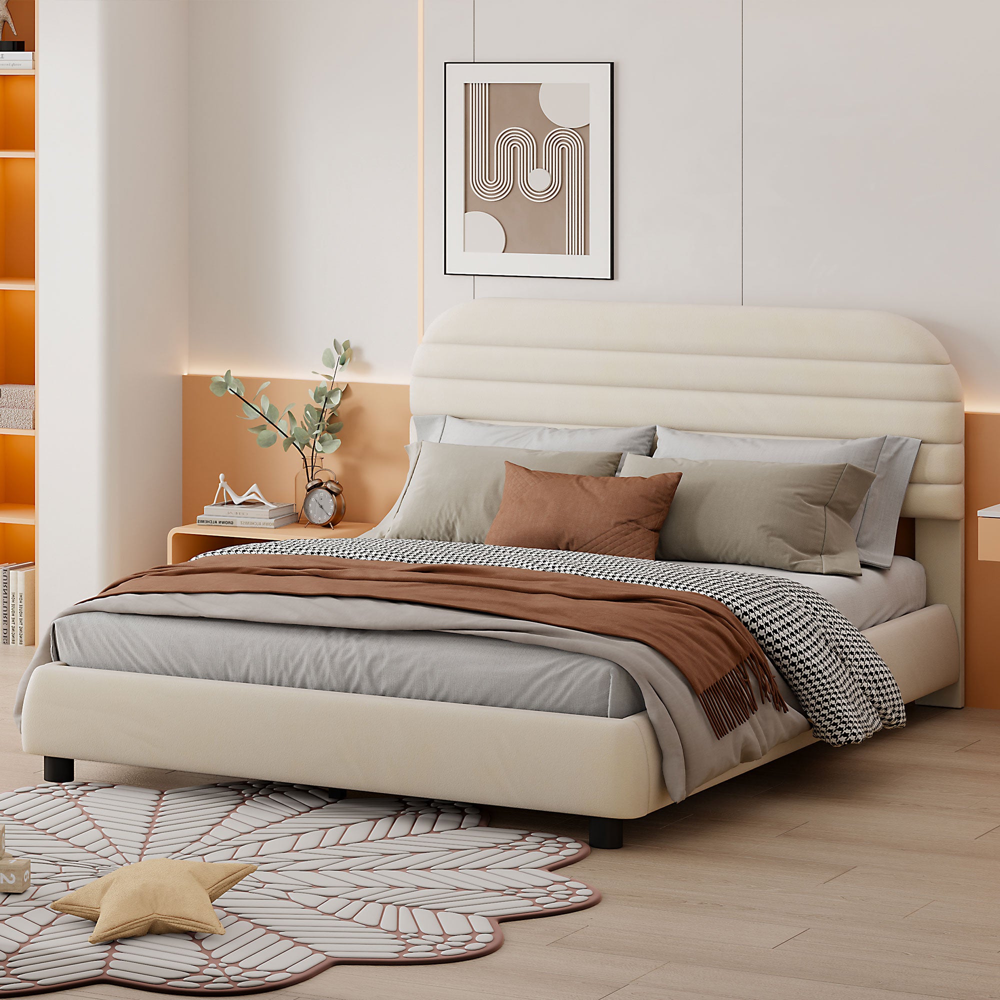 Queen Size Velvet Upholstered Platform Bed,Solid Frame And Stylish Curve Shaped Design, Beige Queen Beige Velvet