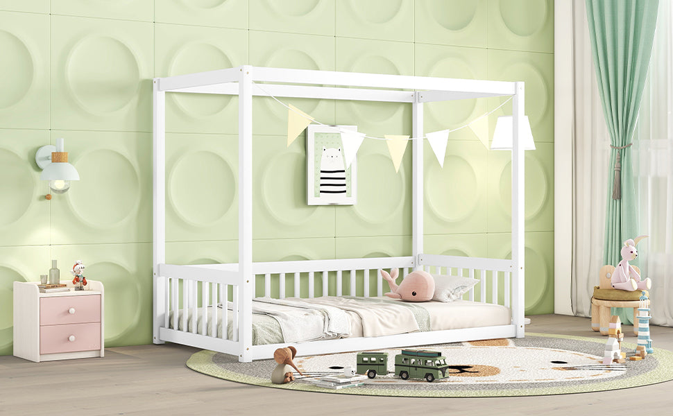 Twin Size Canopy Frame Floor Bed With Fence, Guardrails,White Twin White American Design Pine