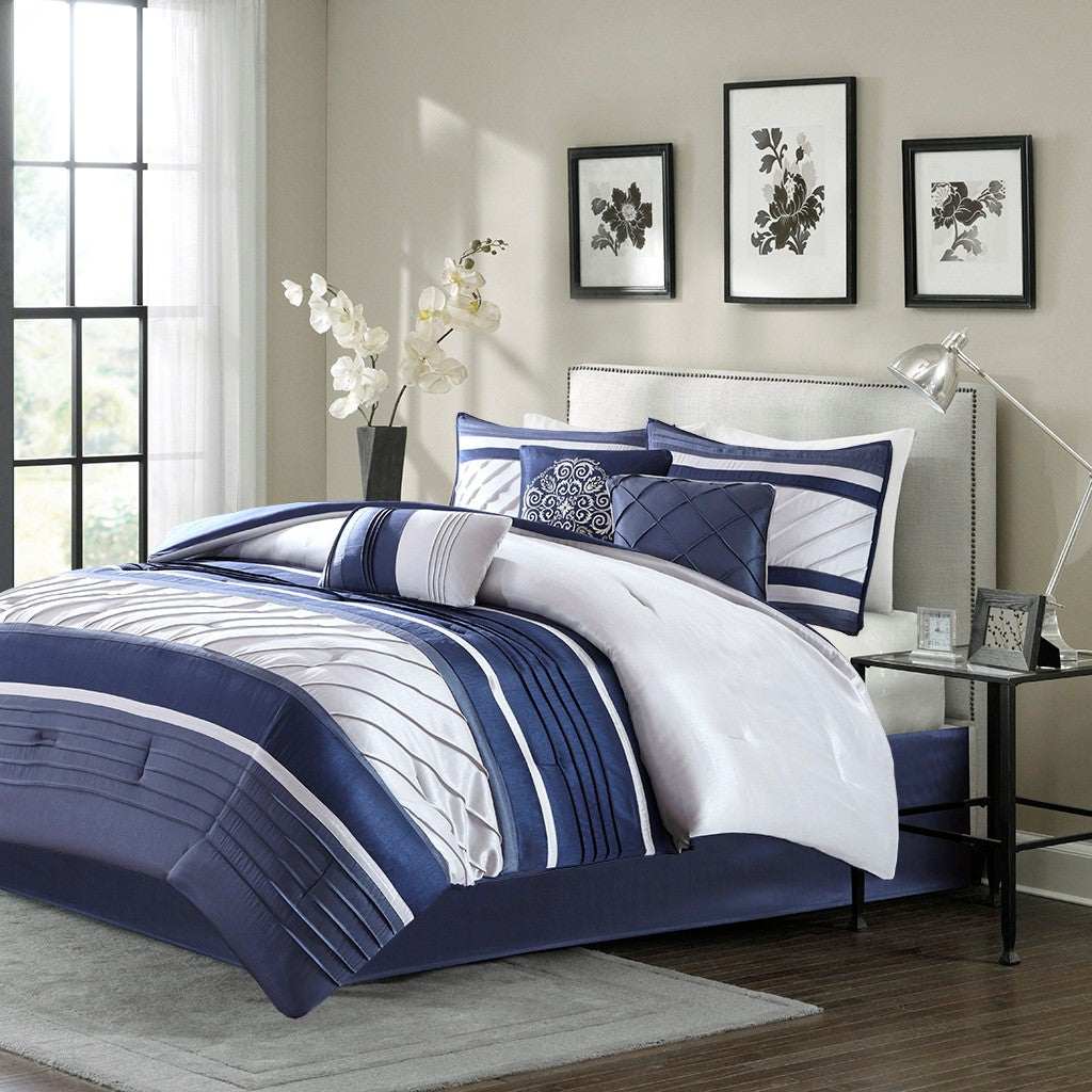 7 Piece Comforter Set Navy King King Navy Polyester