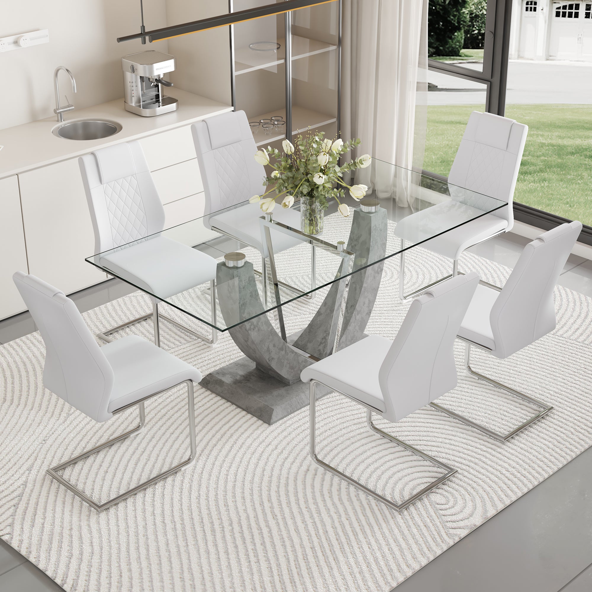 Table And Chair Set, Large Modern Rectangular Glass Table, Can Accommodate 6 8 People, Equipped With A 0.39 Inch Tempered Glass Tabletop And Large Mdf Table Legs, Comfortable And Soft Chairs. Transparent Glass