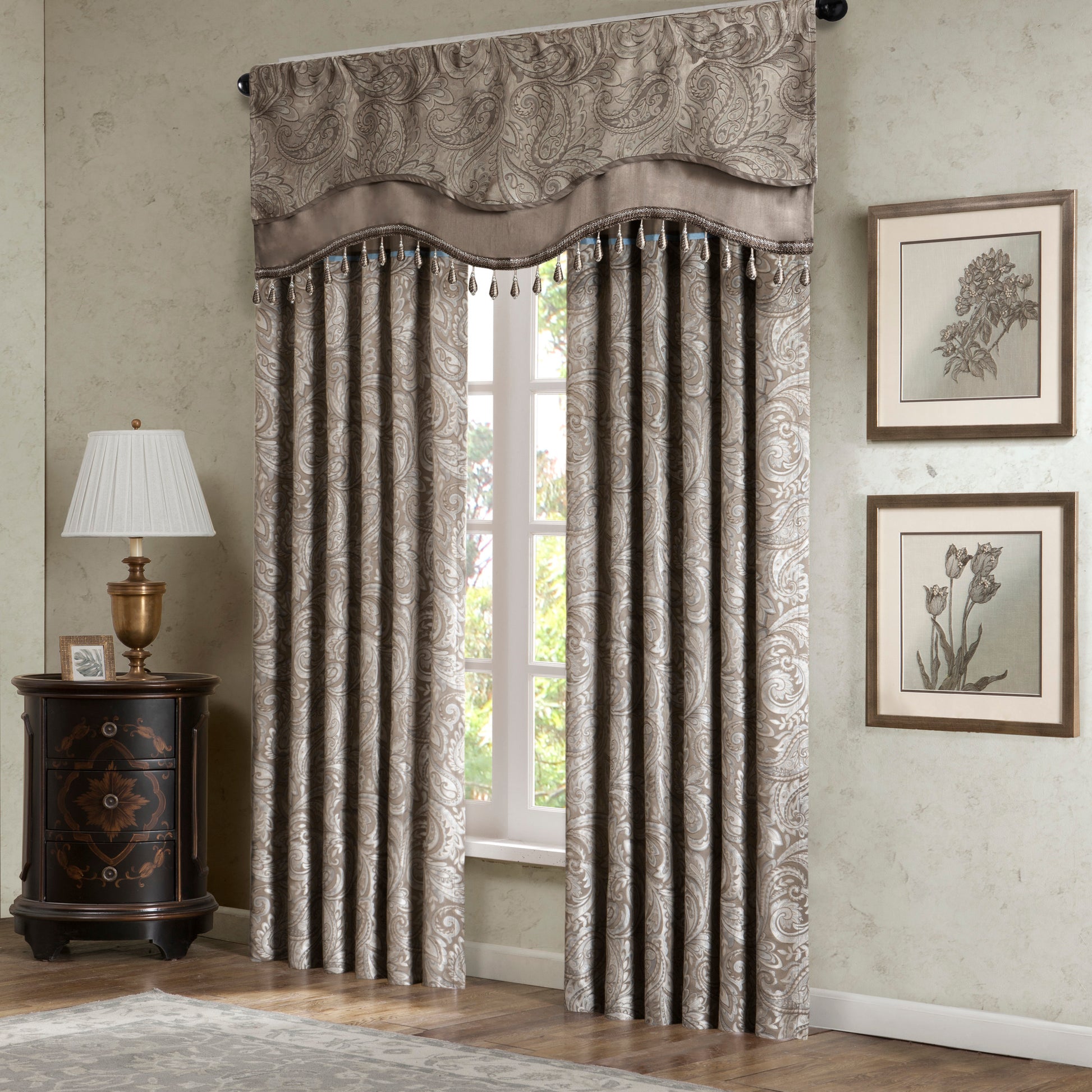 Jacquard Window Rod Pocket Valance With Beads Blue Brown 50X18" Blue Brown Polyester