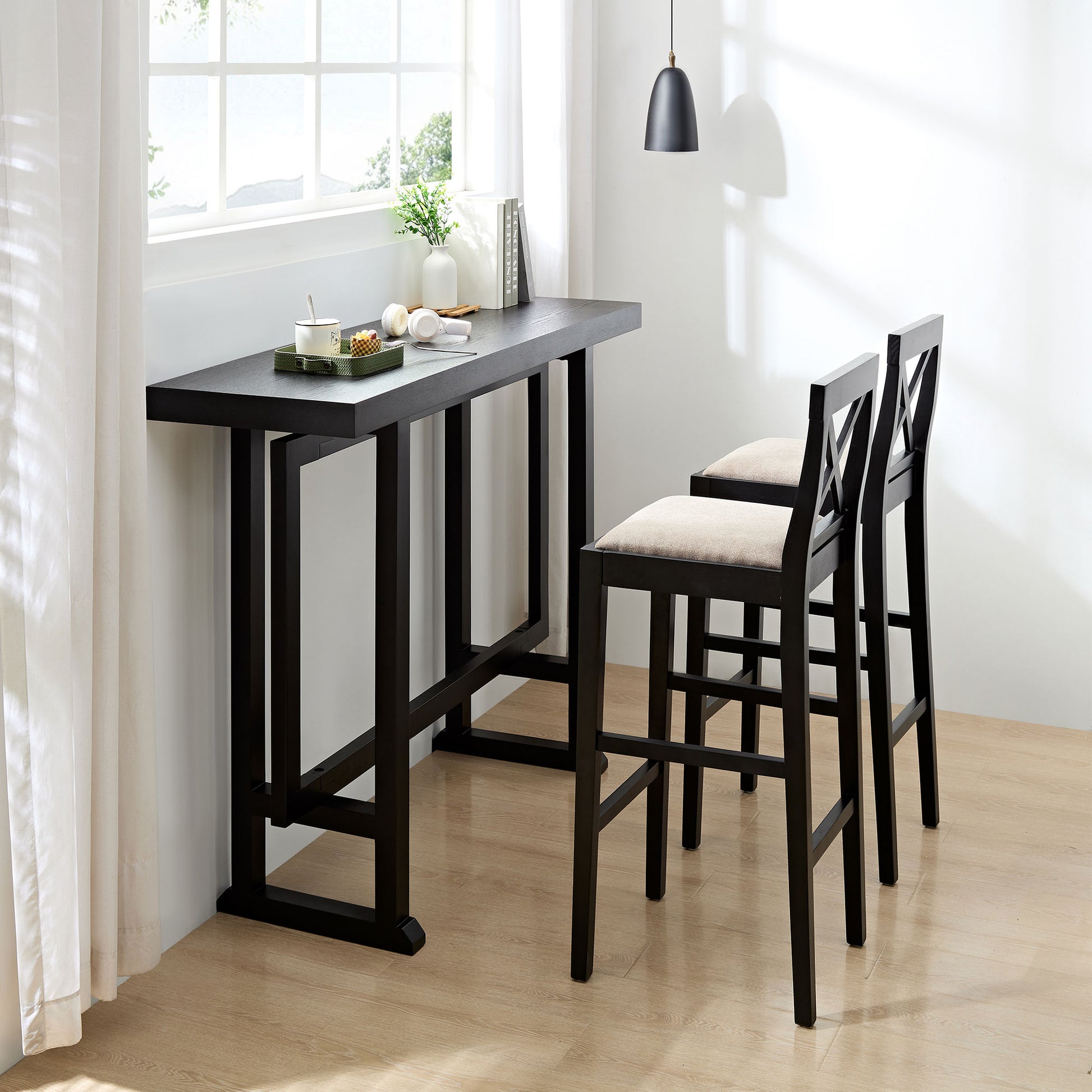 Bar Table, Extra Long Entryway Table For Entryway, Hallway, Living Room, Foyer, Corridor, Rectangular Wood High Top Kitchen Dining Table, Black Matt Black Solid Wood Mdf