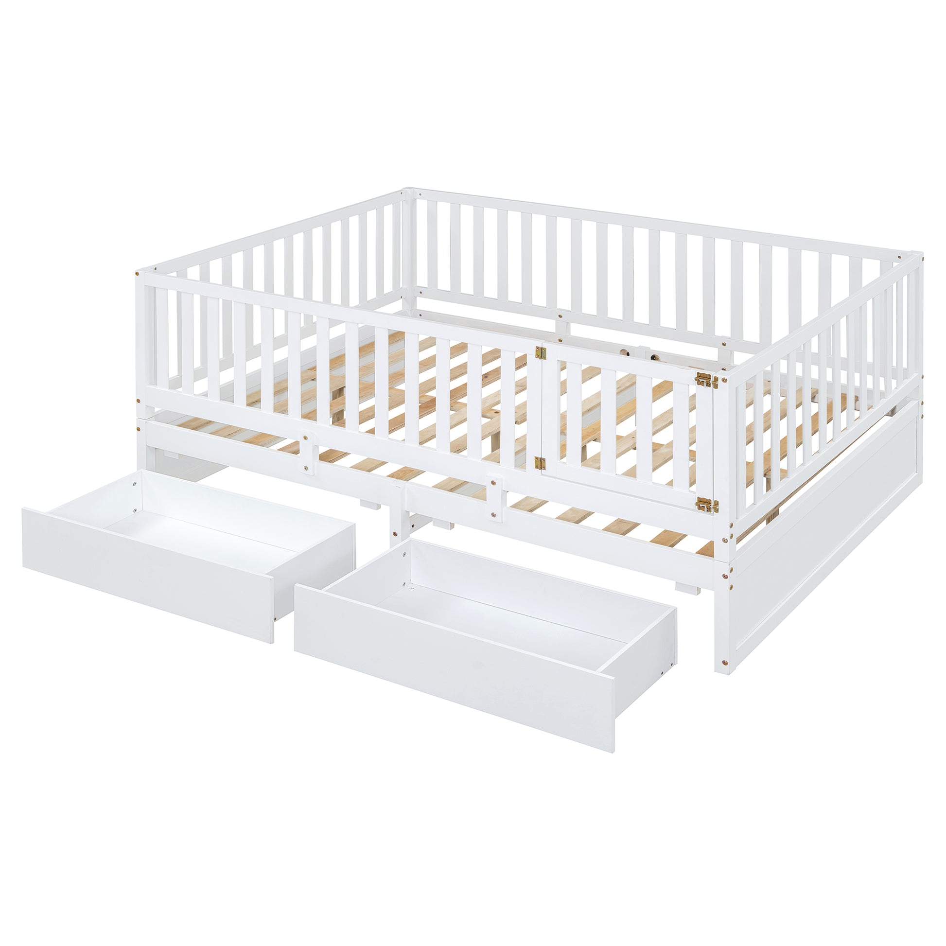 Full Size Wood Daybed With Fence Guardrails And 2 Drawers, Split Into Independent Floor Bed & Daybed, White Old Sku :Lp000882Aak Full White Solid Wood Mdf