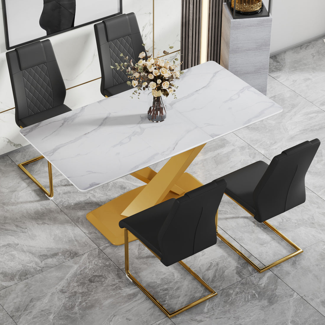 Table And Chair Set,Large Modern Minimalist Rectangular White Imitation Marble Dining Table With Mdf Top And Golden Legs,Dining Chairs,Gold Legged Upholstered Chairs Made Of Artificial Leather. Black Gold Seats 4 Mdf
