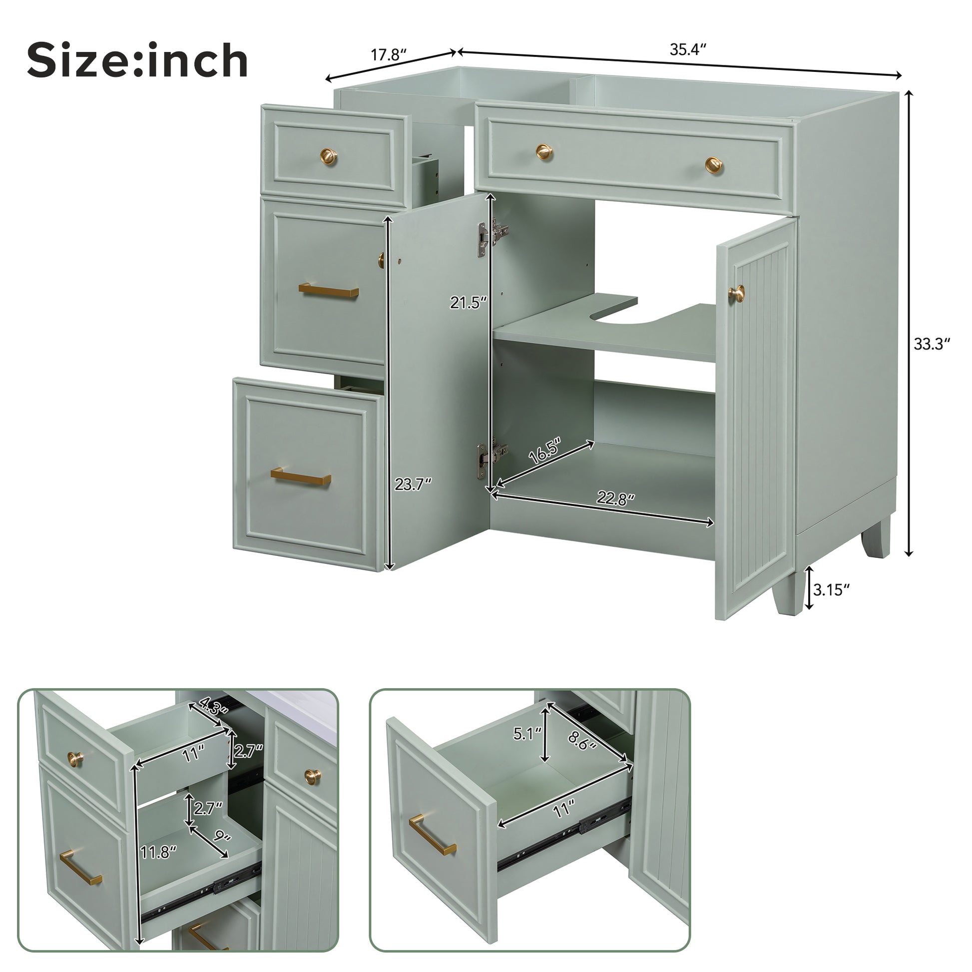 Cabinet Only 36" Green Bathroom Vanity Sink Not Included Green Bathroom Solid Wood Mdf