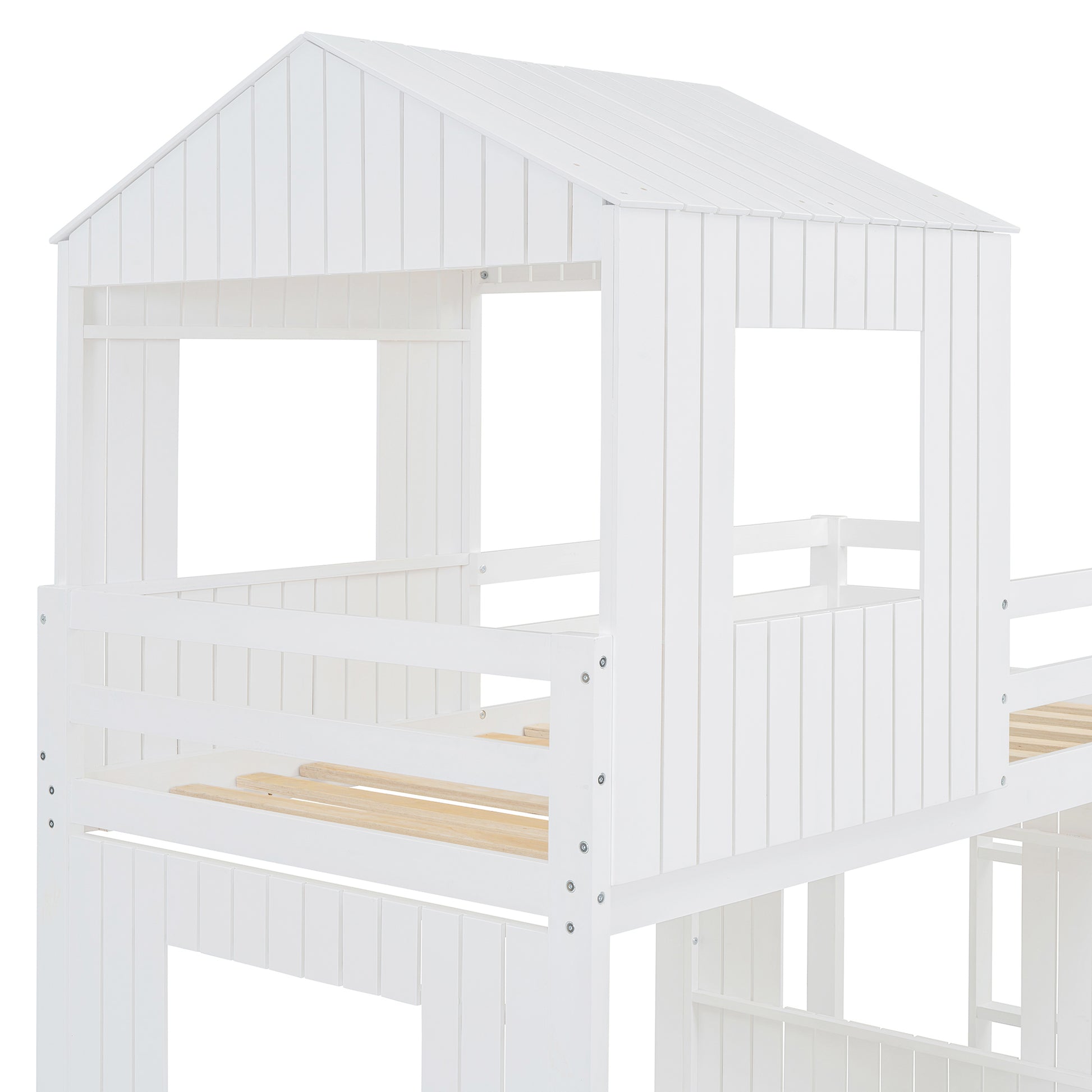Wooden Twin Over Full Bunk Bed, Loft Bed With Playhouse, Farmhouse, Ladder, Slide And Guardrails, White Old Sku :Lt000028Aak Twin White Solid Wood