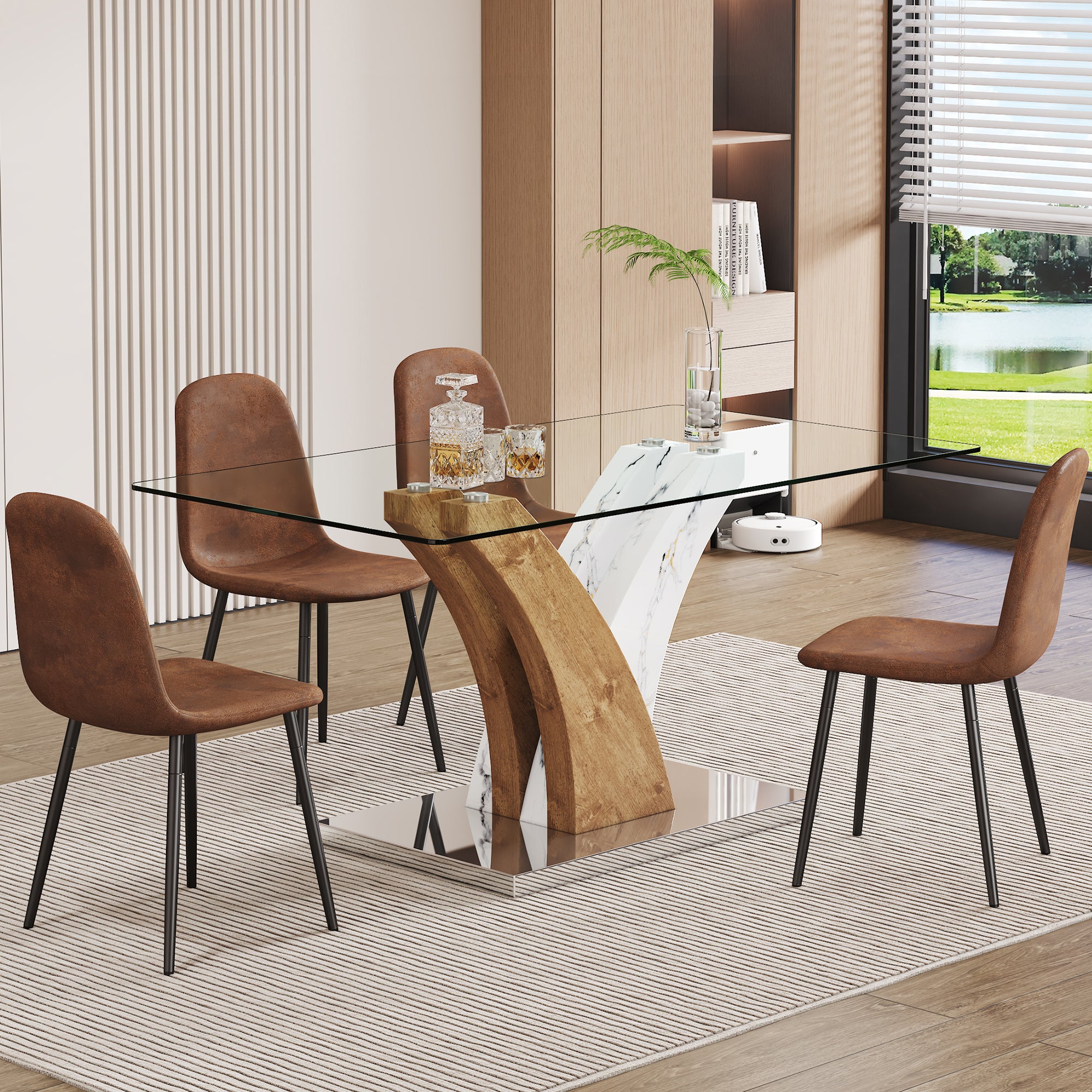 Table And Chair Set.Modern Dining Table, Tempered Glass Countertop With Artistic Mdf Legs.Paried With 4 Brown Chairs With Soft Linen Fabric Cushions And Black Metal Legs.Suitable For Various Styles. Black Brown,Transparent Seats 4 Mdf Metal