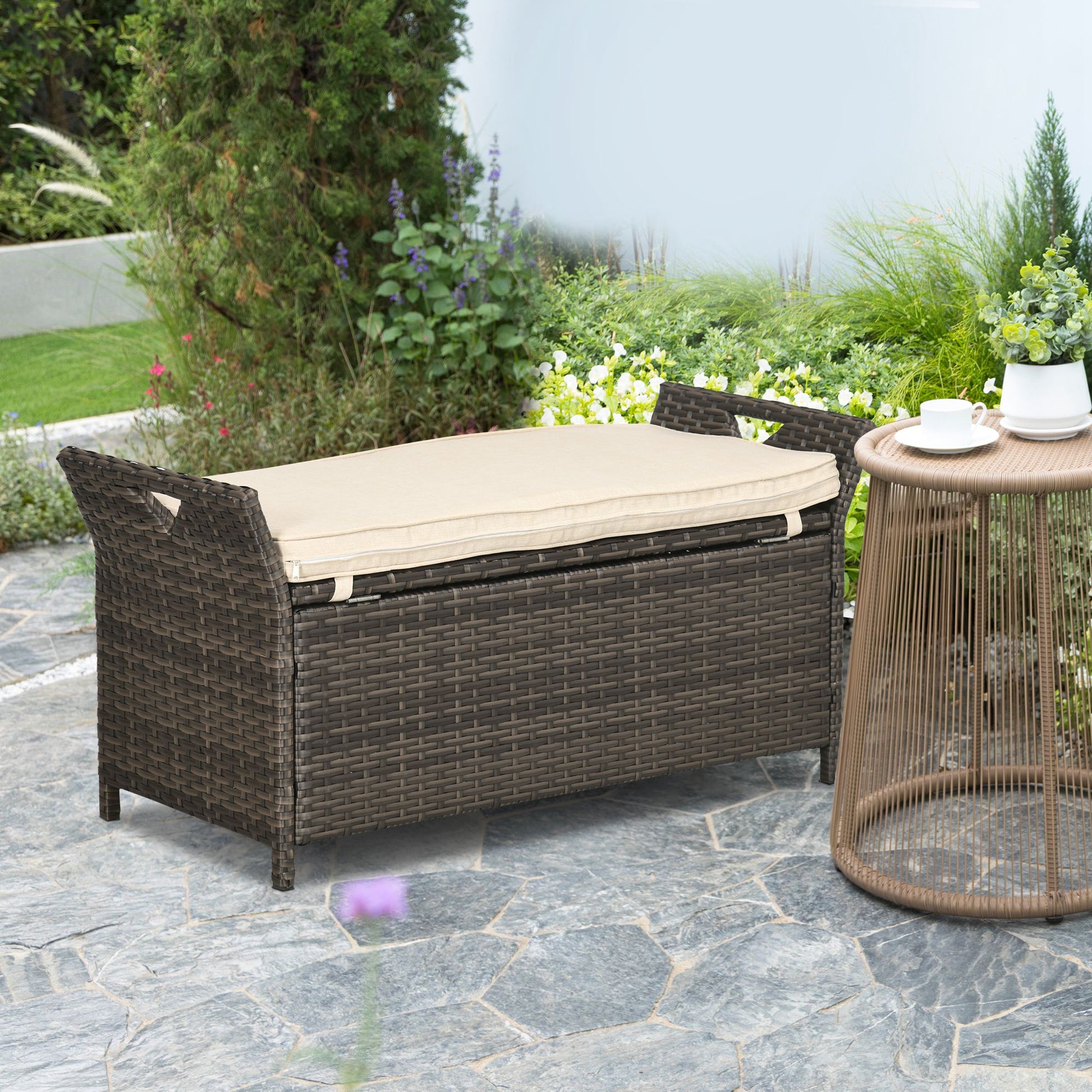 Outsunny 27 Gallon Patio Wicker Storage Bench, Outdoor Pe Rattan Patio Furniture, 2 In 1 Large Capacity Rectangle Garden Storage Box With Handles And Cushion, Cream White Brown White Steel