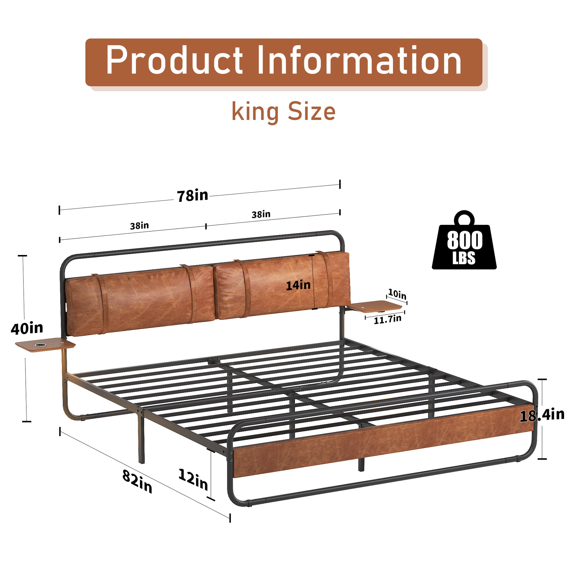 King Size Metal Bed Frame With Upholstered Headboard, With Wireless Charging And Usb A & Usb C, Touch Led Light,Oval Shaped Platform Bed With Under Bed Storage, No Box Spring Needed, Vintage Brown Box Spring Not Required King Antique Brown Metal Bedroom