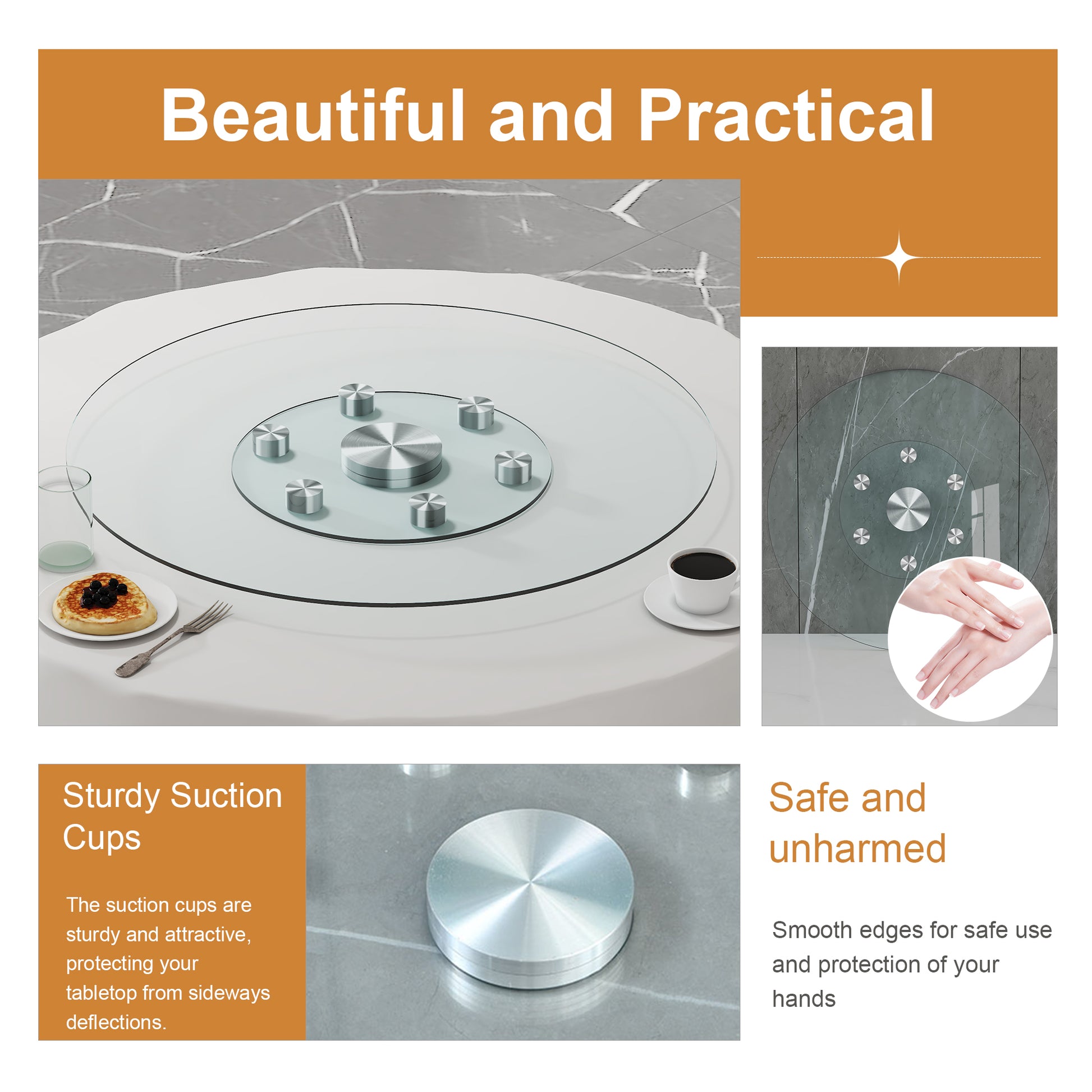 Double Layer Rotatable Round Glass.The Rotatable Design Makes It More Convenient To Retrieve And Place Items.The Upper Glass Has A Diameter Of 30.3 Inches, While The Lower Glass15 Inches. Transparent Glass