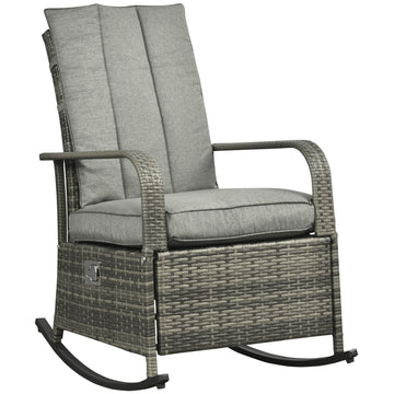 Outsunny Outdoor Rattan Rocking Chair Patio Recliner With Soft Cushions, Adjustable Footrest, Max. 135 Degree Backrest, Pe Wicker, Gray Gray Wicker