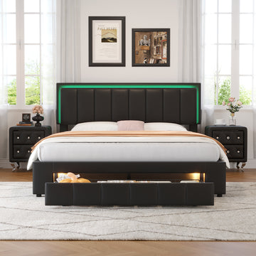 3 Pieces Bedroom Sets,Queen Size Upholstered Bed With Led Lights And Two Motion Activated Night Lights,Pu Nightstand With 2 Drawers And Crystal Handle,Black Queen Black 3 Piece Set Wood