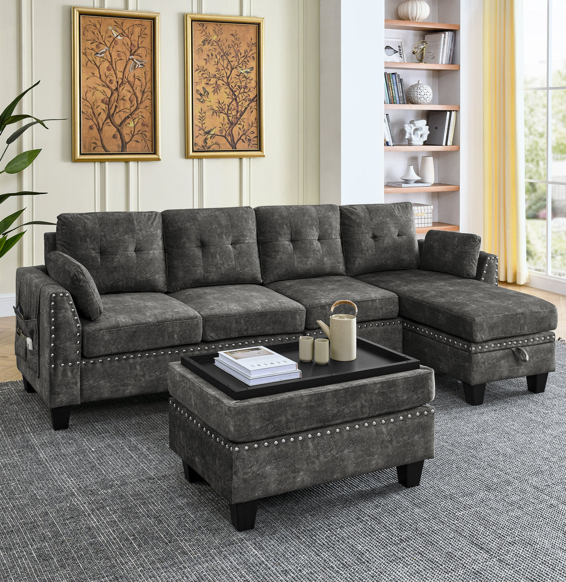 Sectional 3 Seaters Sofa ,Double Sided Multi Functional Footstool, Storage Matnon Slip Leg, Two Pillows, Velvet, Dark Grey Dark Grey Velvet 3 Seat
