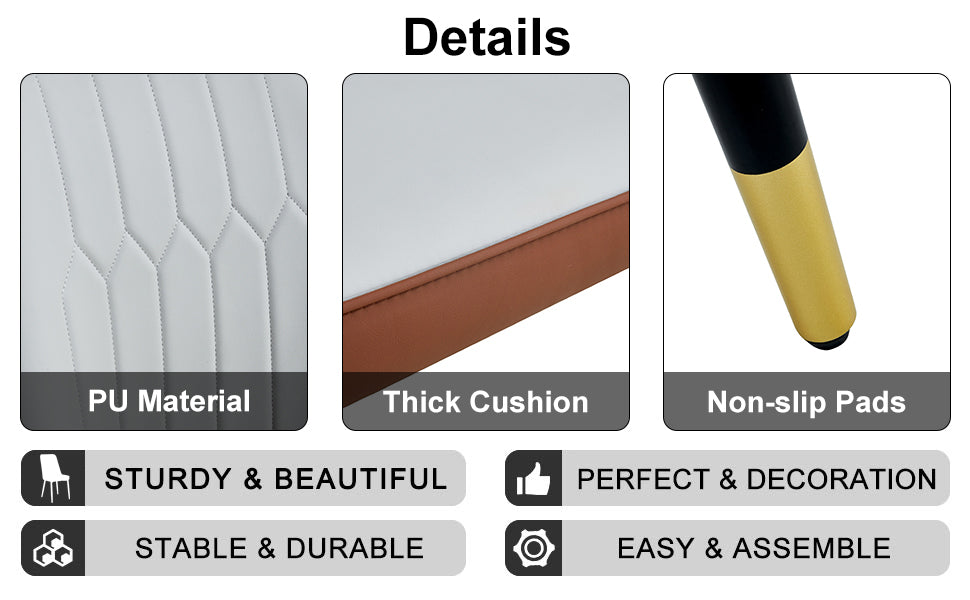 Table And Chair Set.A Morden Table With White Imitation Marble Patterned Stone Burning Tabletop With Golden Metal Legs.Paried With 4 Chairs With Pu Leather Backrest And Black Metal Legs. Grey Brown,White Gold Seats 4 Metal,Sintered Stone