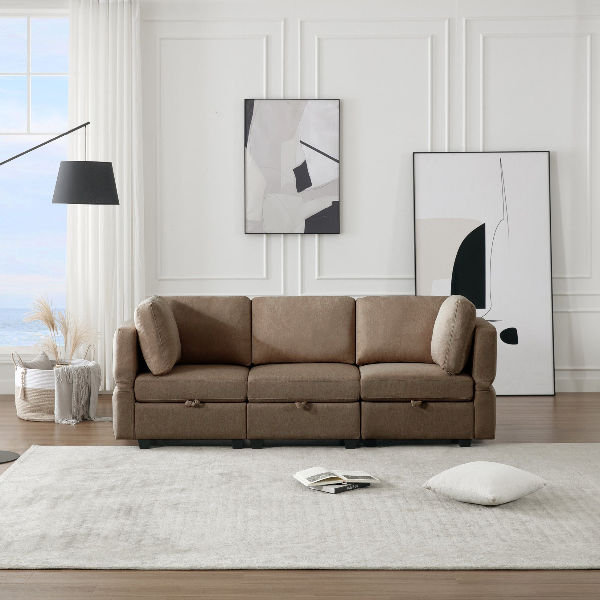 Oversized Modular Sectional Convertible Fabric Sofa Set,Extra Large Sectional Storage Seat Couch For Living Room, 3 Seat Modern Modular Sofa Brown Brown Polyester 3 Seat