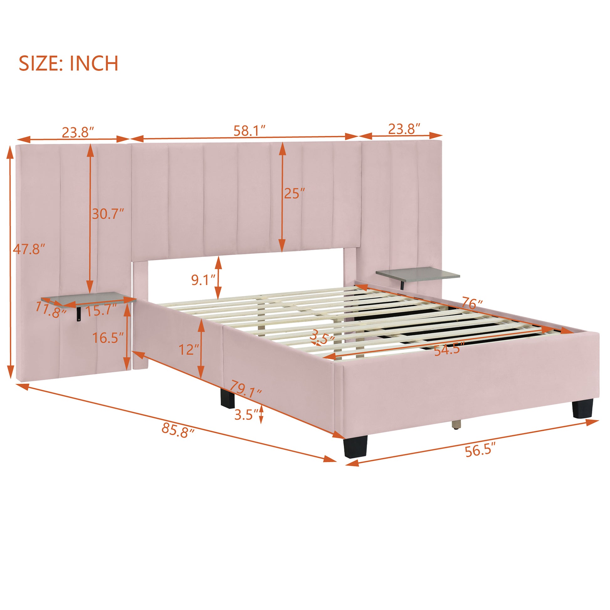 Full Size Upholstered Platform Bed With Big Headboard, Bedroom Furniture, Velvet, Pink Full Pink Plywood