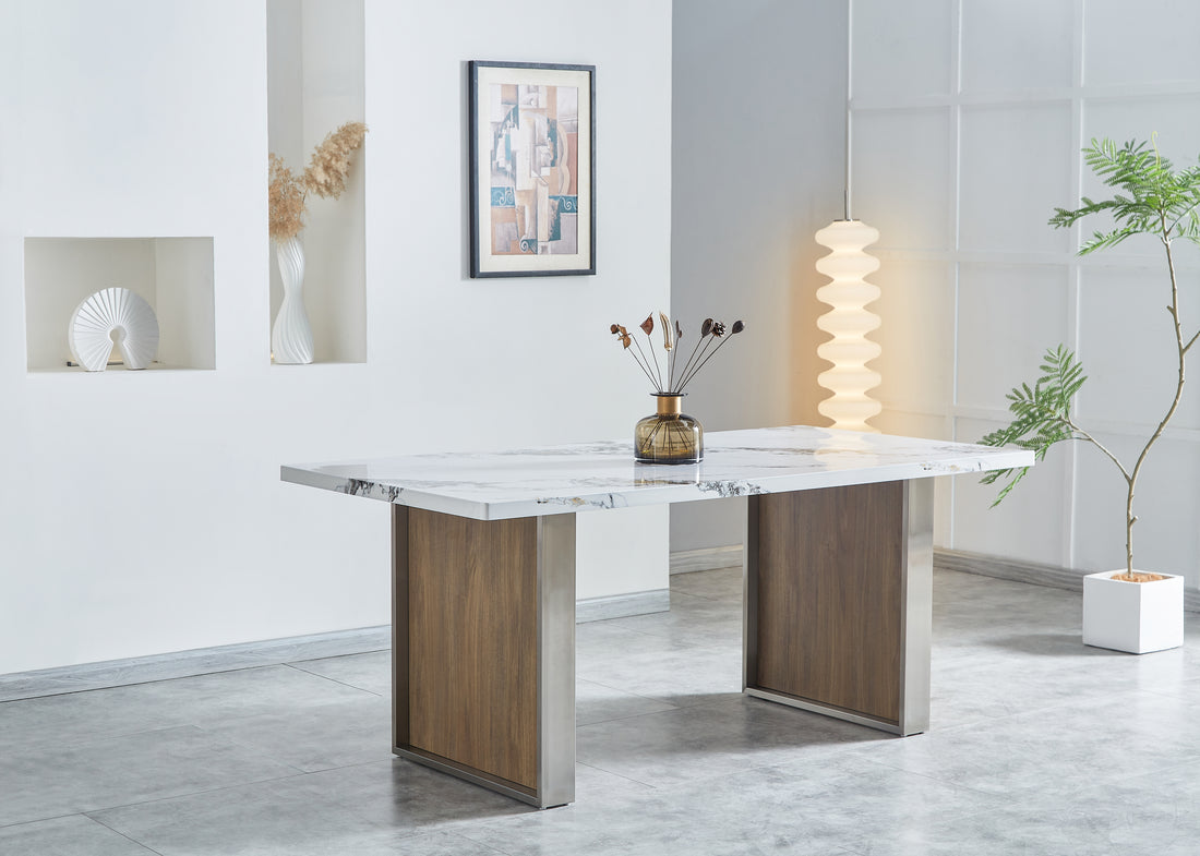 Elegant Marble Mdf Dinning Table For 6 Or 8, Rectangular 70.8"L*35.4"W*29.8"H, Luxurious Faux Marble High Quality Stainless Steel Legs Modern, Durable, Easy To Assemble For Kitchen Living Room, White White Ergonomic Kitchen Rectangular White Gold Seats 6