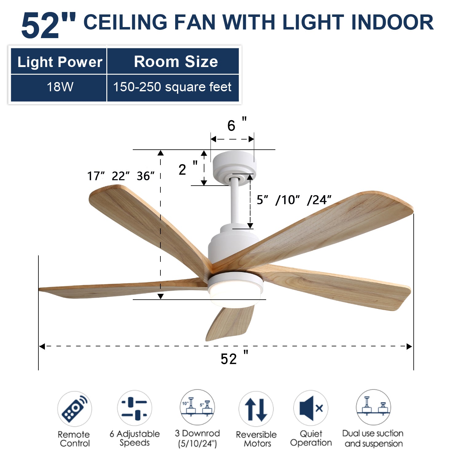 52 Inch Ceiling Fan With Dimmable Led Light 5 Solid Wood Blades Smart Remote Control Reversible Dc Motor Ceiling Fan White Metal & Wood