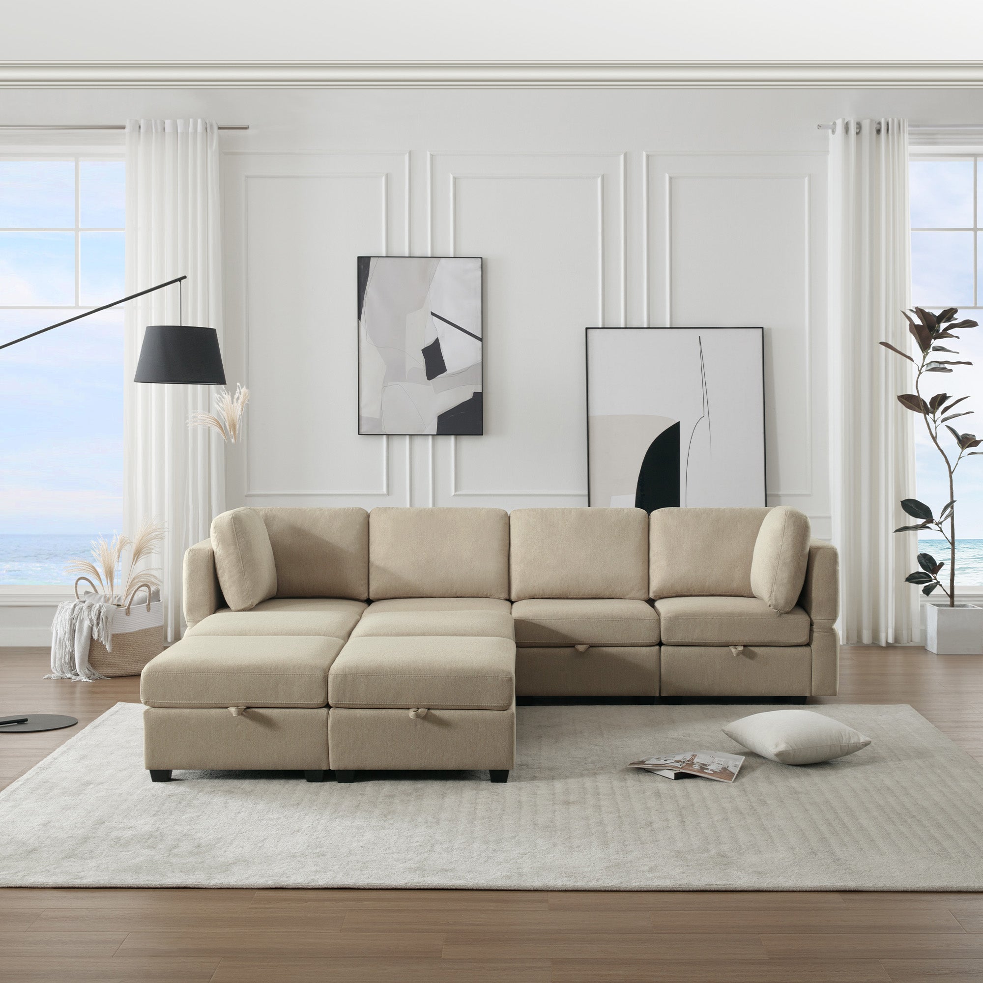 Modular Convertible U Shaped Sectional Sofa Couch With Storage Ottoman Corner Couch For Living Room, Adjustable Arms And Backs Beige Beige Polyester 4 Seat