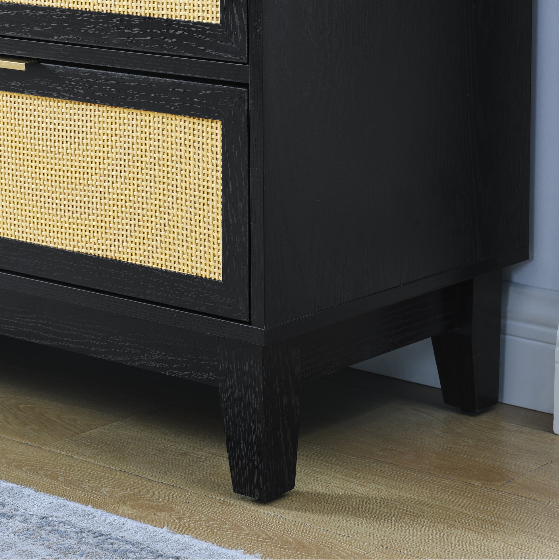 Bedroom 7 Drawer Dresser, Rattan Dresser Modern Wooden Chest Of Drawers With Spacious Storage Space For Bedroom Hallway Living Room Black Solid Wood Mdf