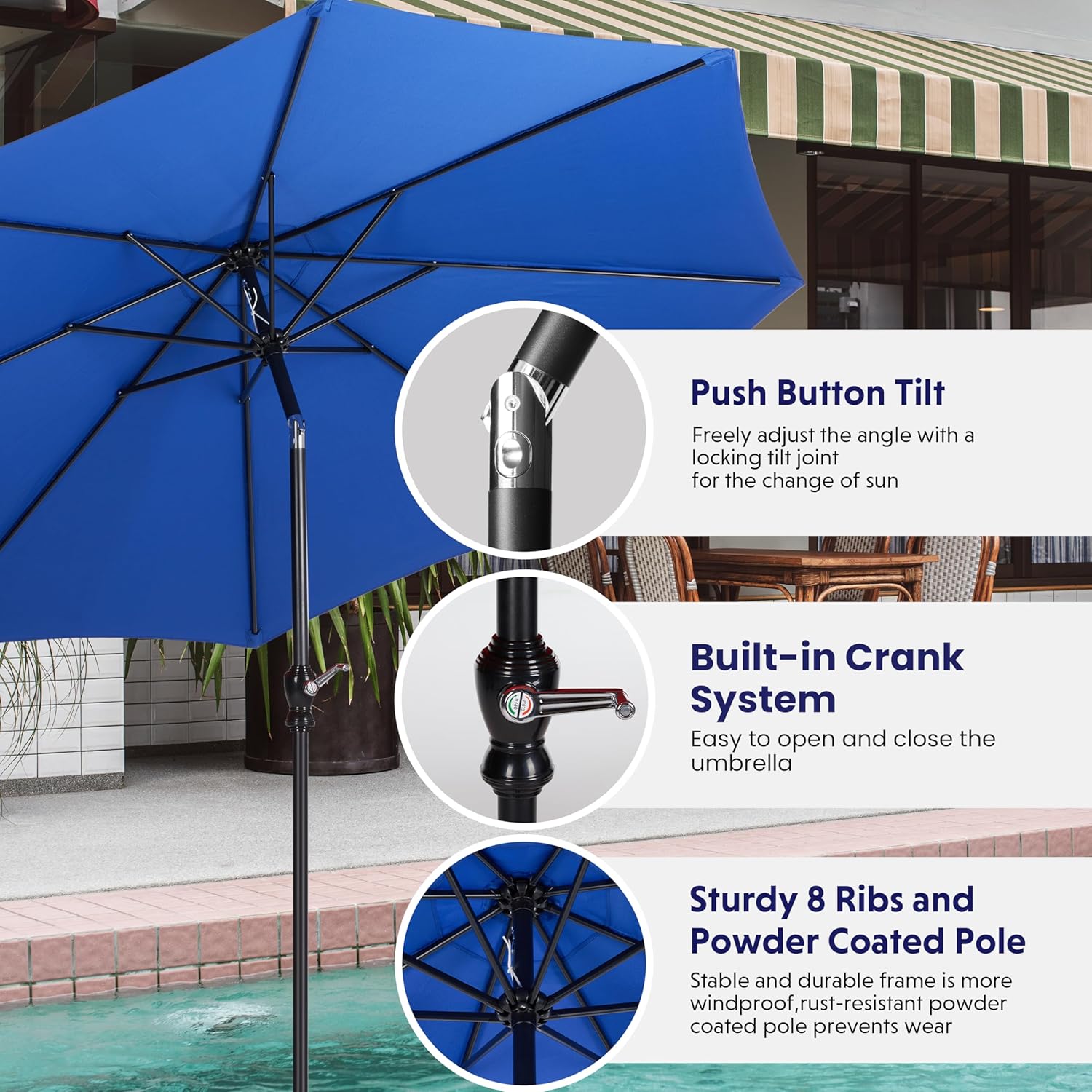 9Ft Outdoor Patio Umbrella With 8 Ribs, Table Umbrellas With Push Button Tilt Crank, Uv Protection Waterproof For Garden Deck Backyard Pool, Blue Blue Stainless Steel