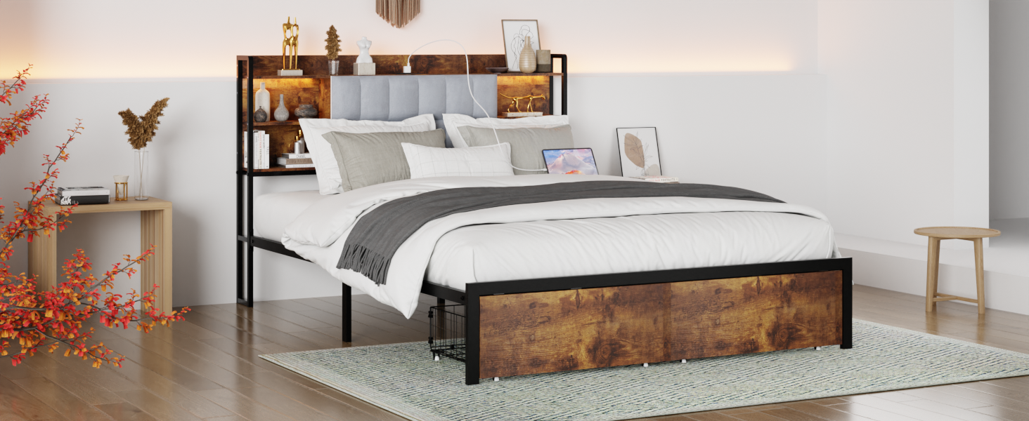 King Size Bed Frame With 2 Storage Drawers And Led Lights Headboard, Upholstered King Bed Frame With Charging Station, No Box Spring Needed, Easy Assembly Box Spring Not Required King Dark Brown Metal Bedroom Modern Bed Frame Velvet Mdf Metal