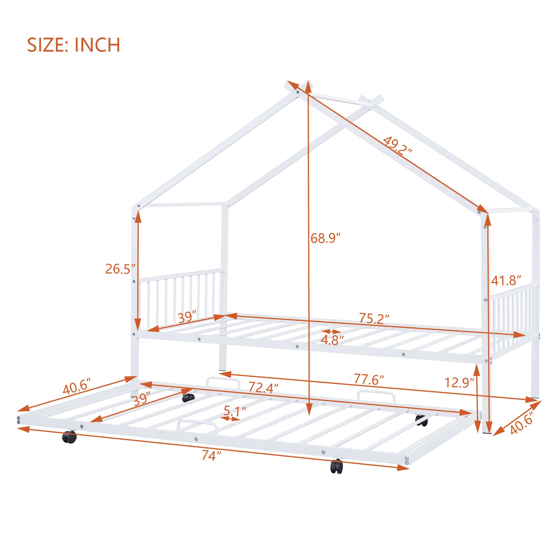 Twin Size Metal House Bed With Twin Size Trundle, White Twin White Metal