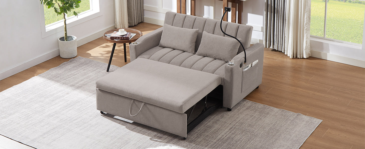 55.9" Convertible Sofa Bed Loveseat Sofa With Three Usb Ports, Two Side Pockets, Two Cup Holders And 360 Swivel Phone Holder For Living Room, Light Grey Light Grey Foam Polyester