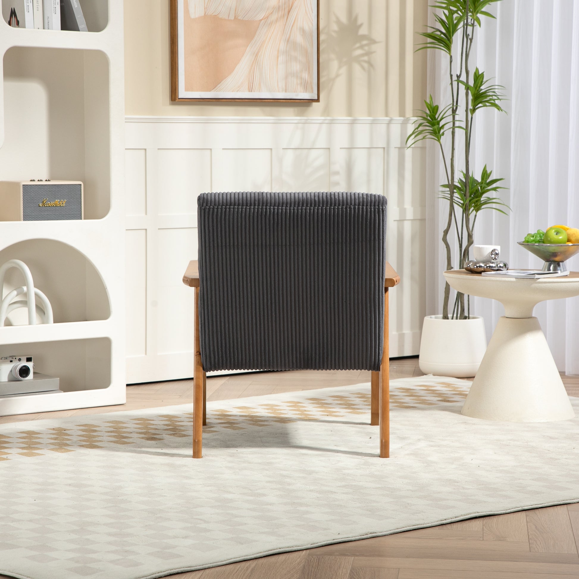 Leisure Chair With Solid Wood Armrest And Feet, Leisure Chair, Wood Frame, Velvet, L, Solid Rubber Wood Legs, Mid Century Modern Accent Chair, For Living Room Bedroom Studio Chair Dark Gray Corduroy