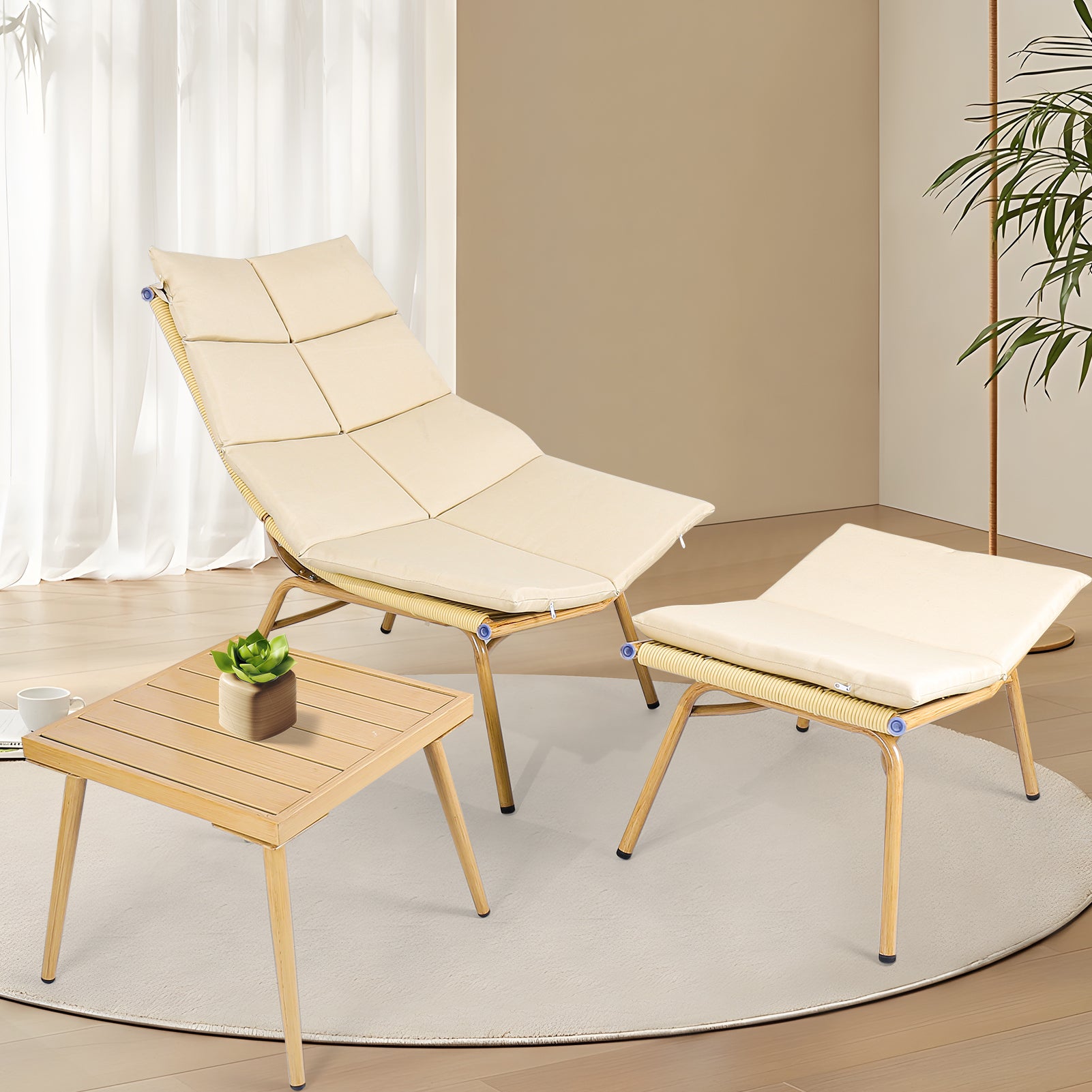 Chaise Lounge Chair With Table For Outdoor Indoor Wood Color Alloy Frame 380Lbs Capacity With Cushion Recliner For Camping Gaming Lunch Break Garden Party Sunbathing Gold Brown Rattan Metal