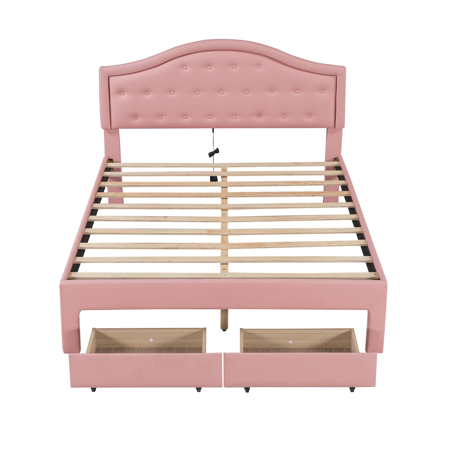 Queen Size Upholstered Platform Bed With Tufted Headboard, Led And 2 Drawers, Pink Box Spring Not Required Queen Pink Wood Bathroom Bed Frame Faux Leather Upholstered