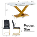 Table And Chair Set, The Table Is Equipped With A Marble Patterned Mdf Tabletop And Gold Table Legs.Dining Chairs,Gold Legged Upholstered Chairs Made Of Artificial Leather. Black Gold Seats 6 Mdf