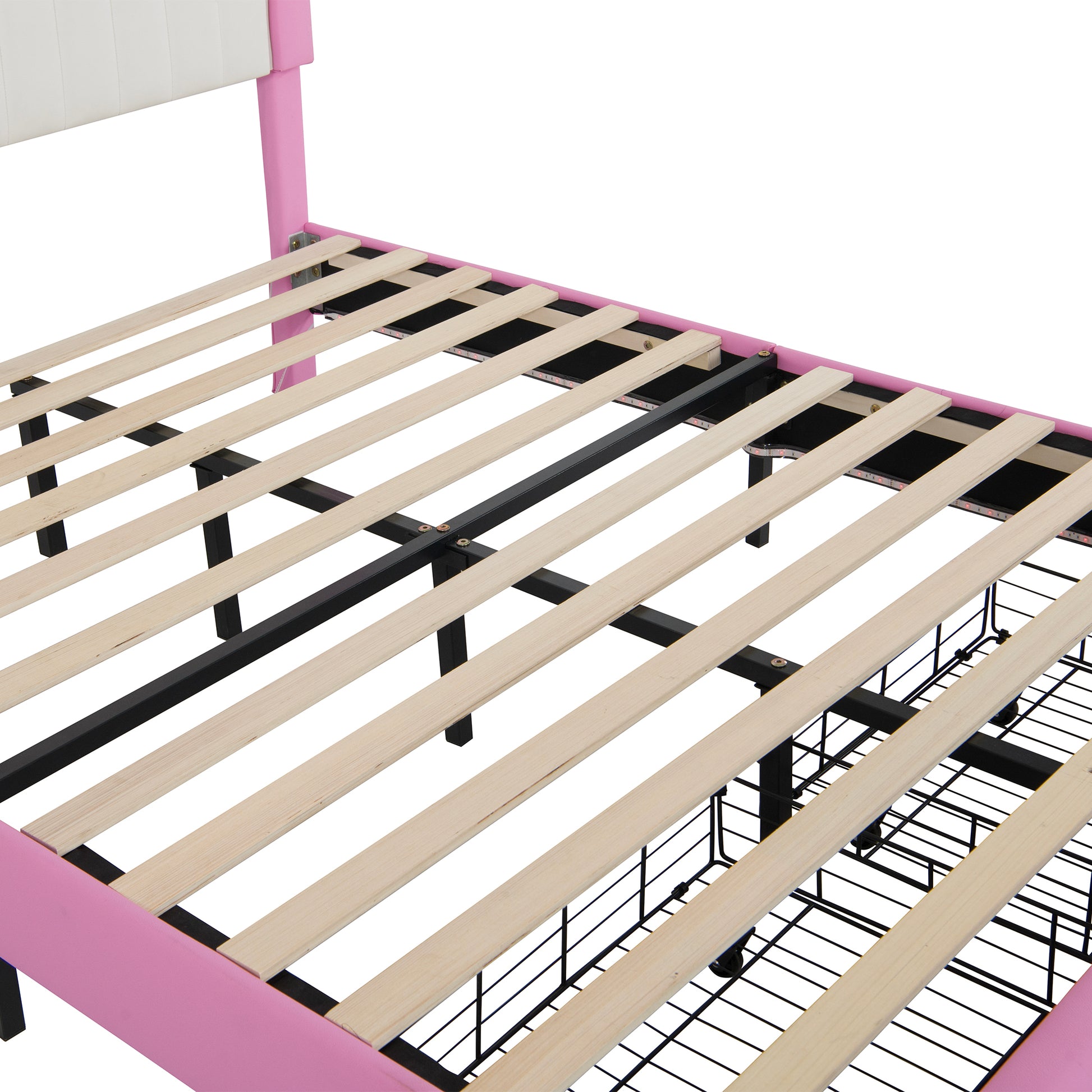 Full Size Upholstered Bed Frame With Led Lights, Modern Upholstered Princess Bed With Crown Headboard, 2 Drawers, Pink White Box Spring Not Required Full Pink White Wood Bathroom Modern Bed Frame Pu