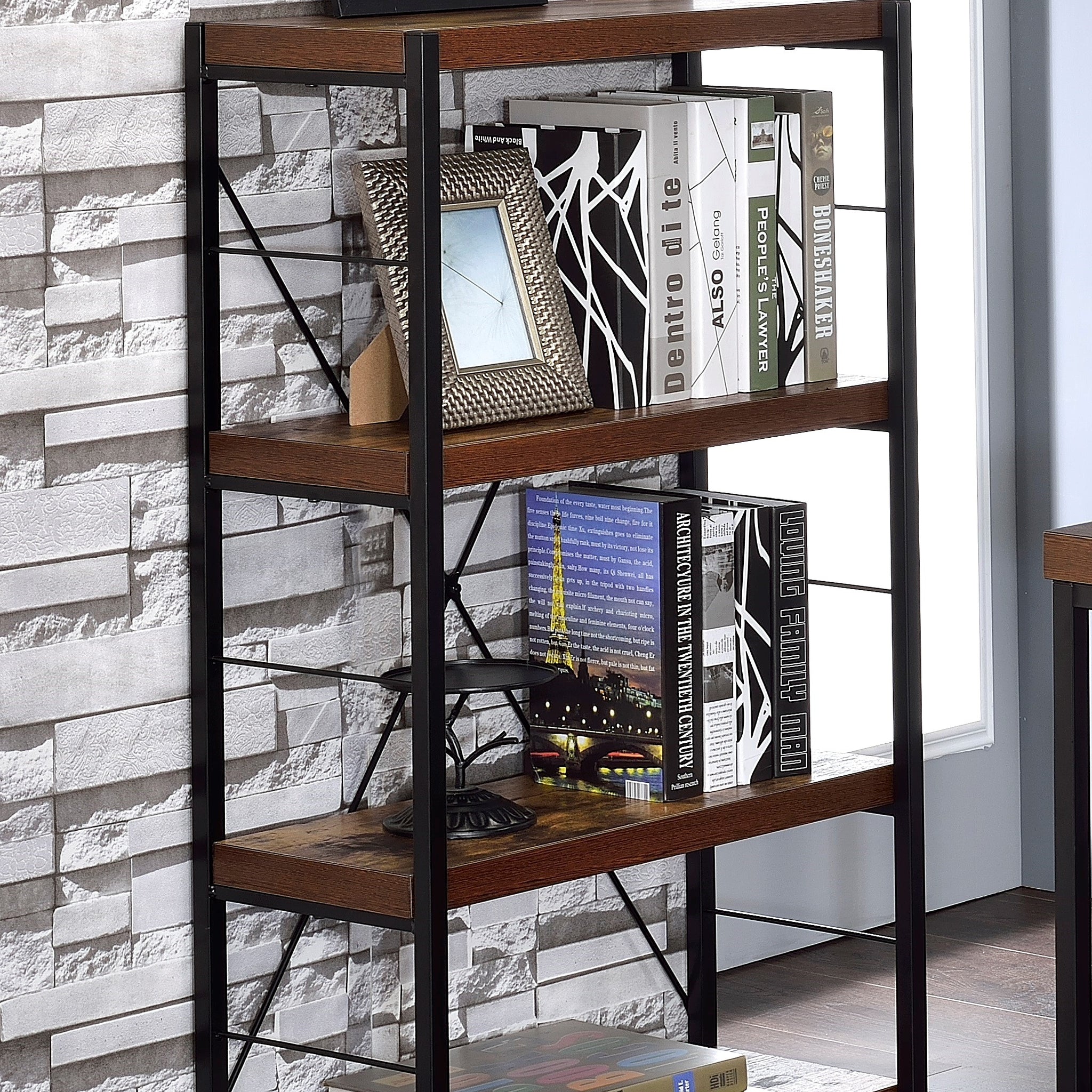 Bob Weathered Oak & Black Finish Bookshelf Black,Oak Metal,Synthetic Wood