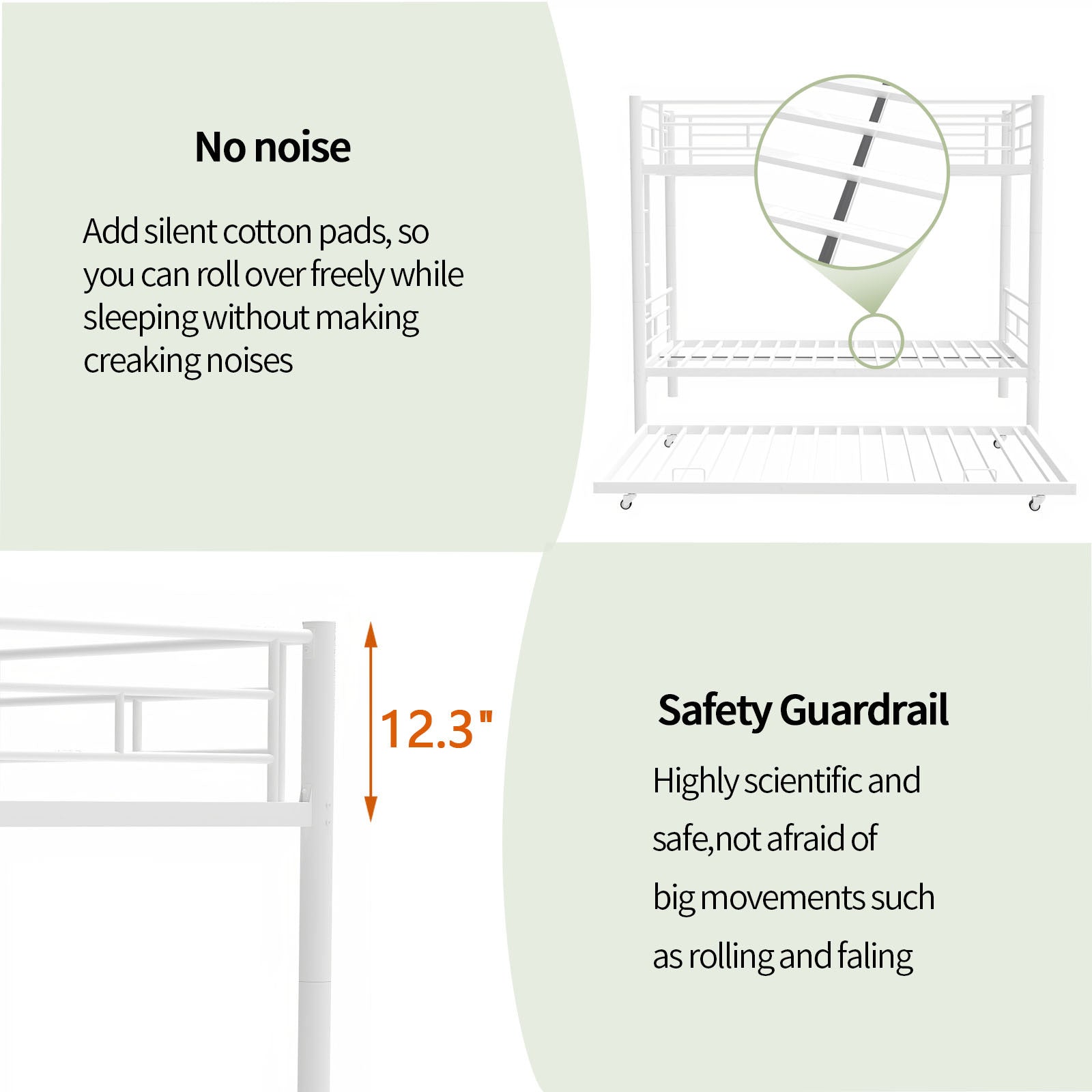 Heavy Duty Sturdy Meta Twin Over Twin With Trundle Bunk Bed L Noise Reduced Safety Guardrail No Box Spring Needed,White Box Spring Not Required Twin White Metal