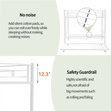 Heavy Duty Sturdy Meta Twin Over Twin With Trundle Bunk Bed L Noise Reduced Safety Guardrail No Box Spring Needed,White Box Spring Not Required Twin White Metal