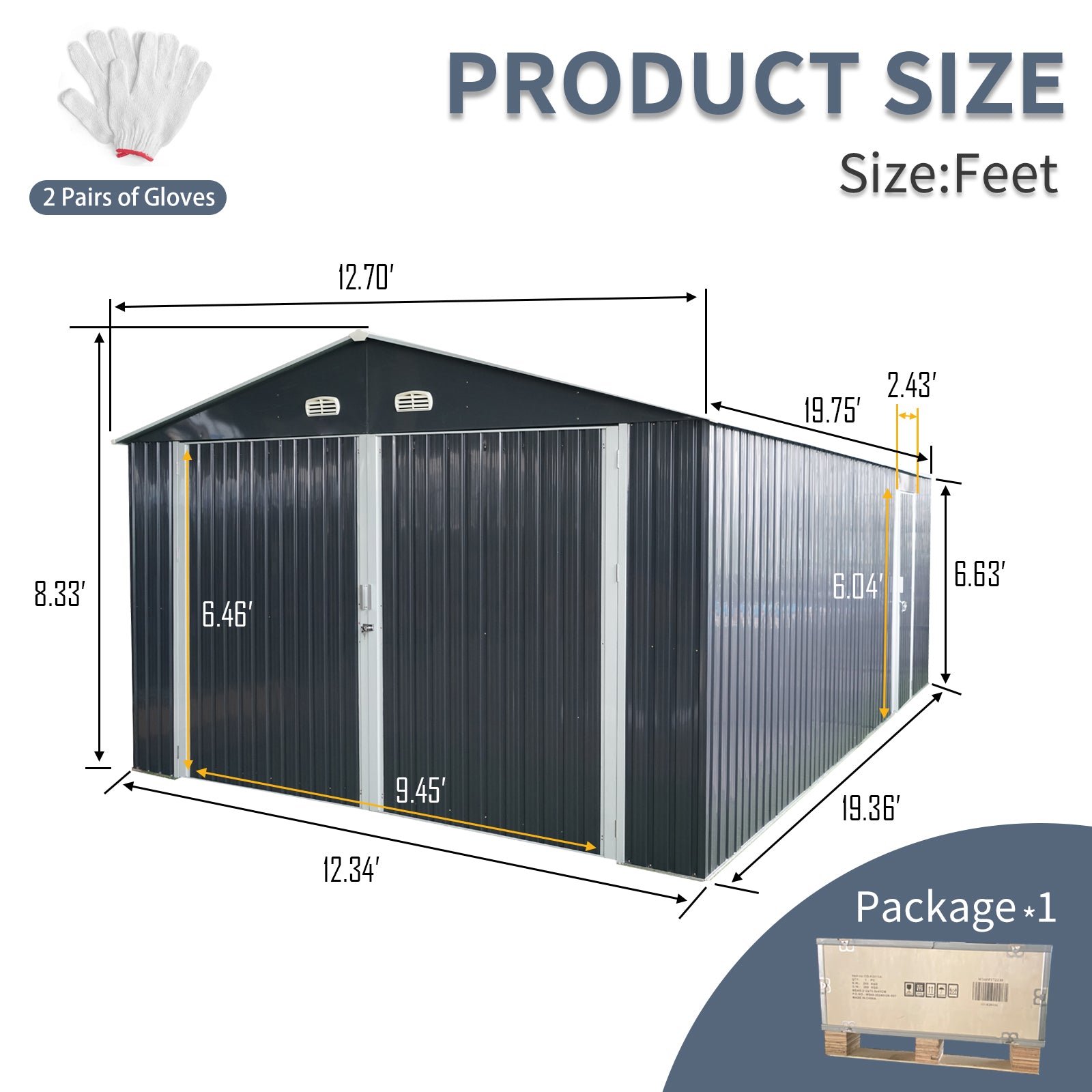 20X13 Ft Outdoor Storage Shed Metal Garage Shed For Car, Bike, Lawnmower Backyard Tool House Building 2 Doors And 4 Vents, Black Black Metal