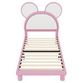 Twin Size Upholstered Platform Bed With Cartoon Ears Shaped Headboard And Led, White&Pink Box Spring Not Required Twin White Pink Bedroom Bed Frame Faux Leather Upholstered
