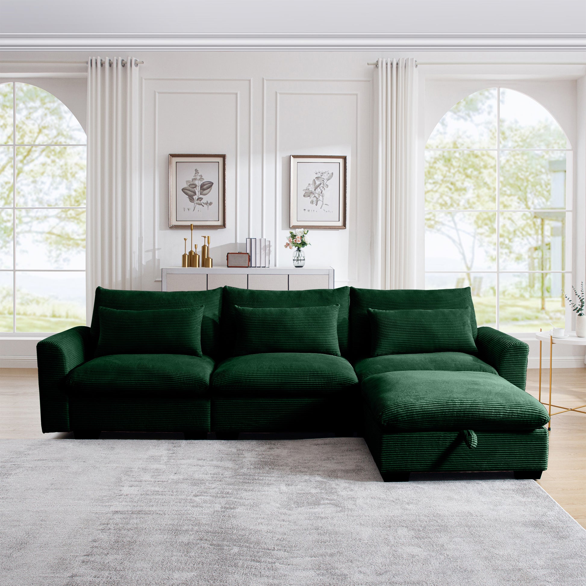 Corduroy Sectional Sofa, L Shaped Couch With Storage Footstool And 3 Pillow, Sectional Couch For Living Room Apartment, Green Green Corduroy 3 Seat